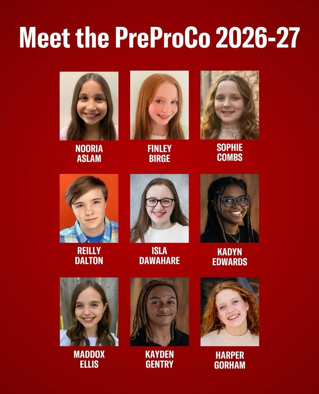 Meet the 2026-27 Pre-Professional Company!

The ADP Pre-Professional Company is our holistic program for students in Grades 4-12 that provides advanced, triple-training in singing, dancing, and acting. The PreProCo take weekly classes in Private Voic