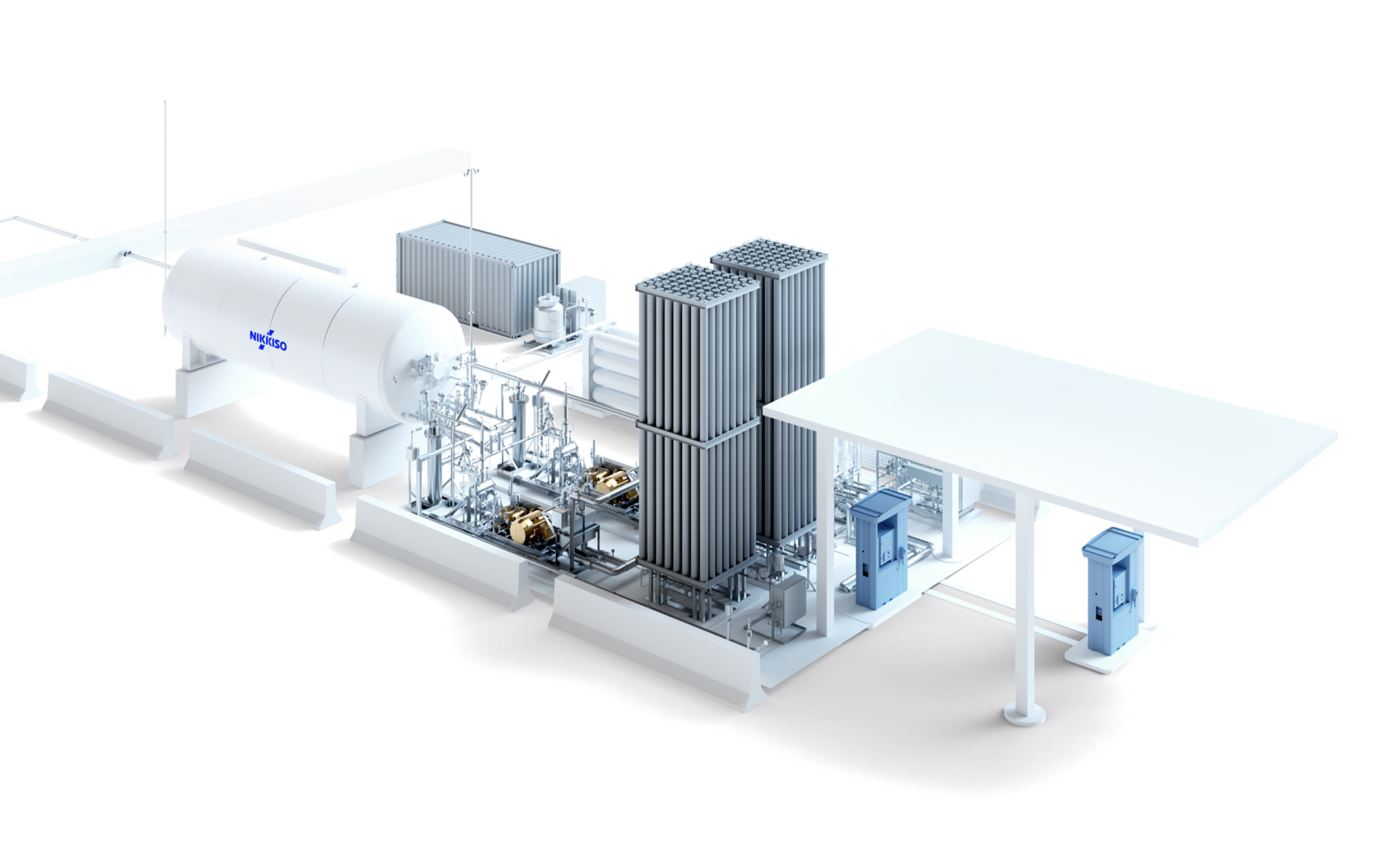 A detailed illustration of an industrial hydrogen production facility with tanks, pipes, and equipment.
