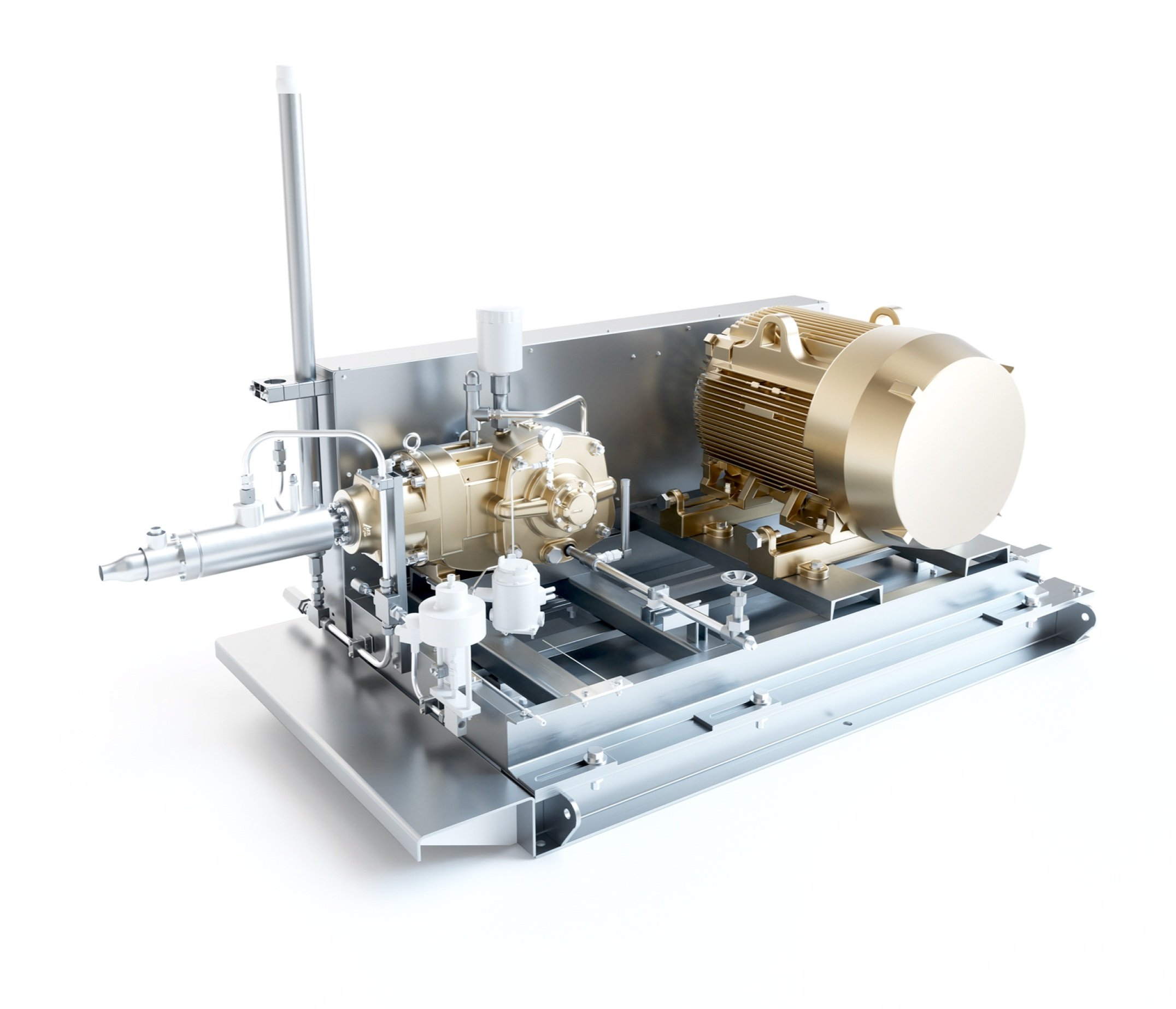 Industrial machinery with metallic components, including a large beige motor, pipes, and fittings mounted on a metal frame.