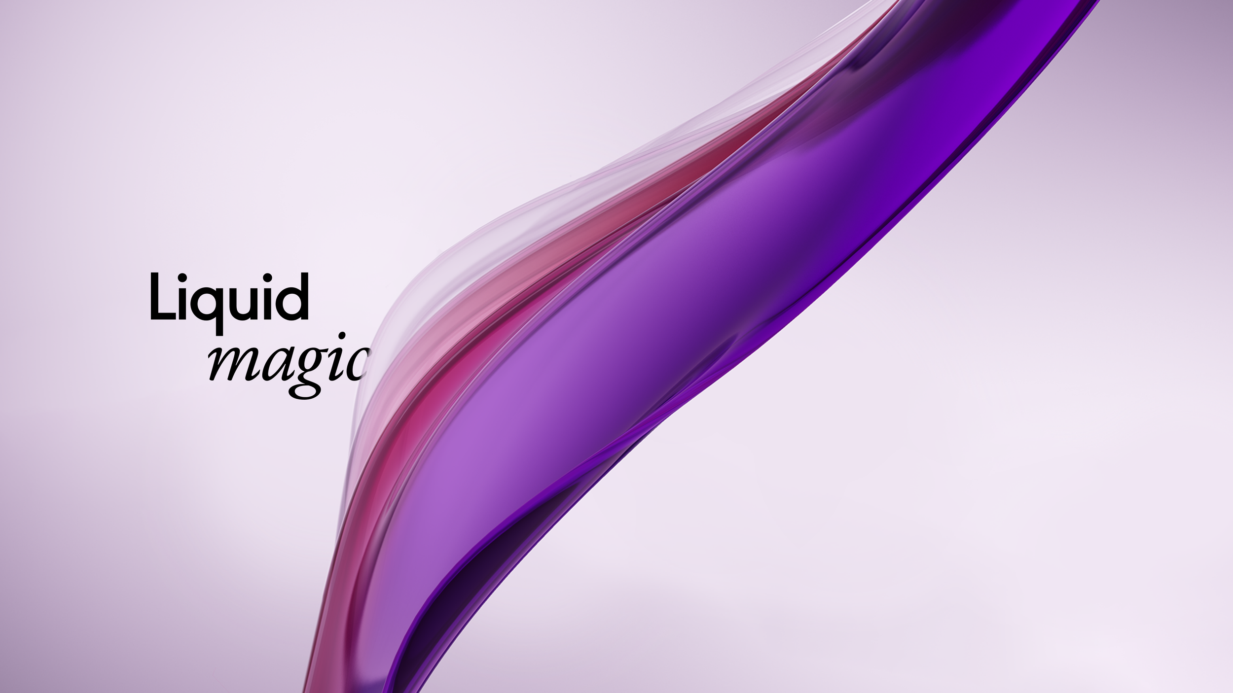 A sleek, curved, purple and pink liquid stream on a light purple background with the text "Liquid magic" in black and cursive font.