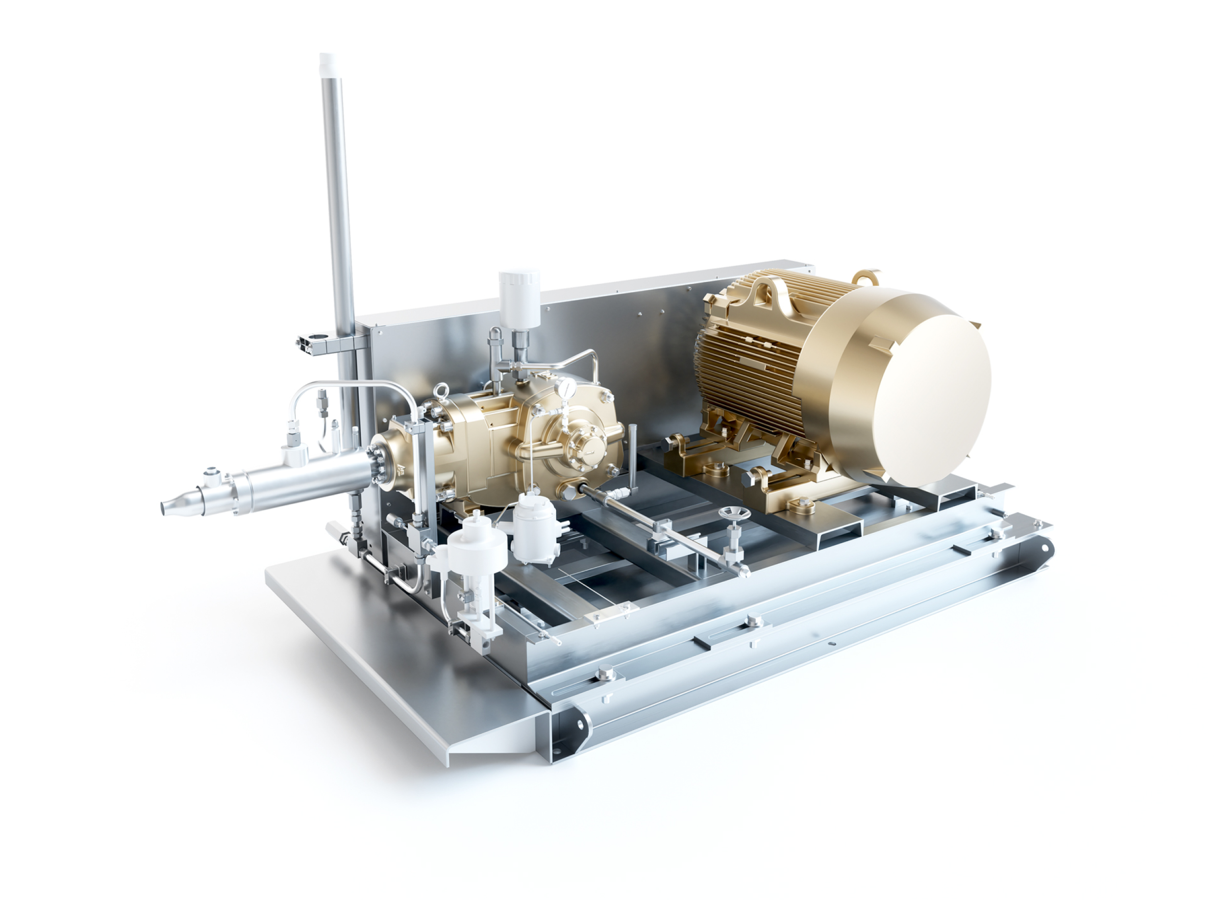 Industrial machine with metallic components, a large gold-colored motor on the right, and piping on a white background.
