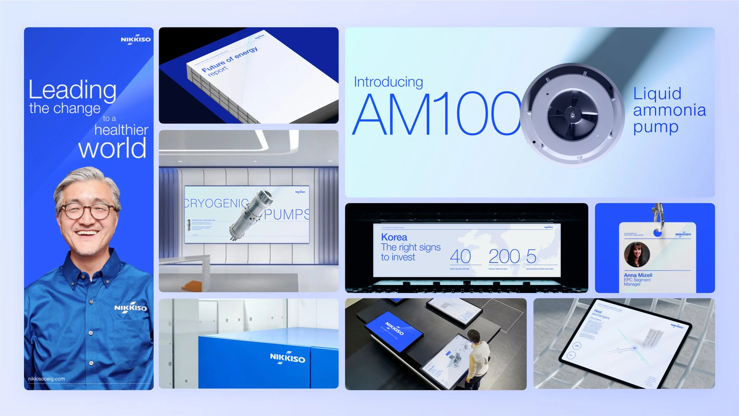 Collection of images showcasing Nikkiso's advanced energy and cryogenic technologies, including a smiling man in a blue Nikkiso shirt, promotional displays, liquid ammonia pump, digital screens, and conference room setups.