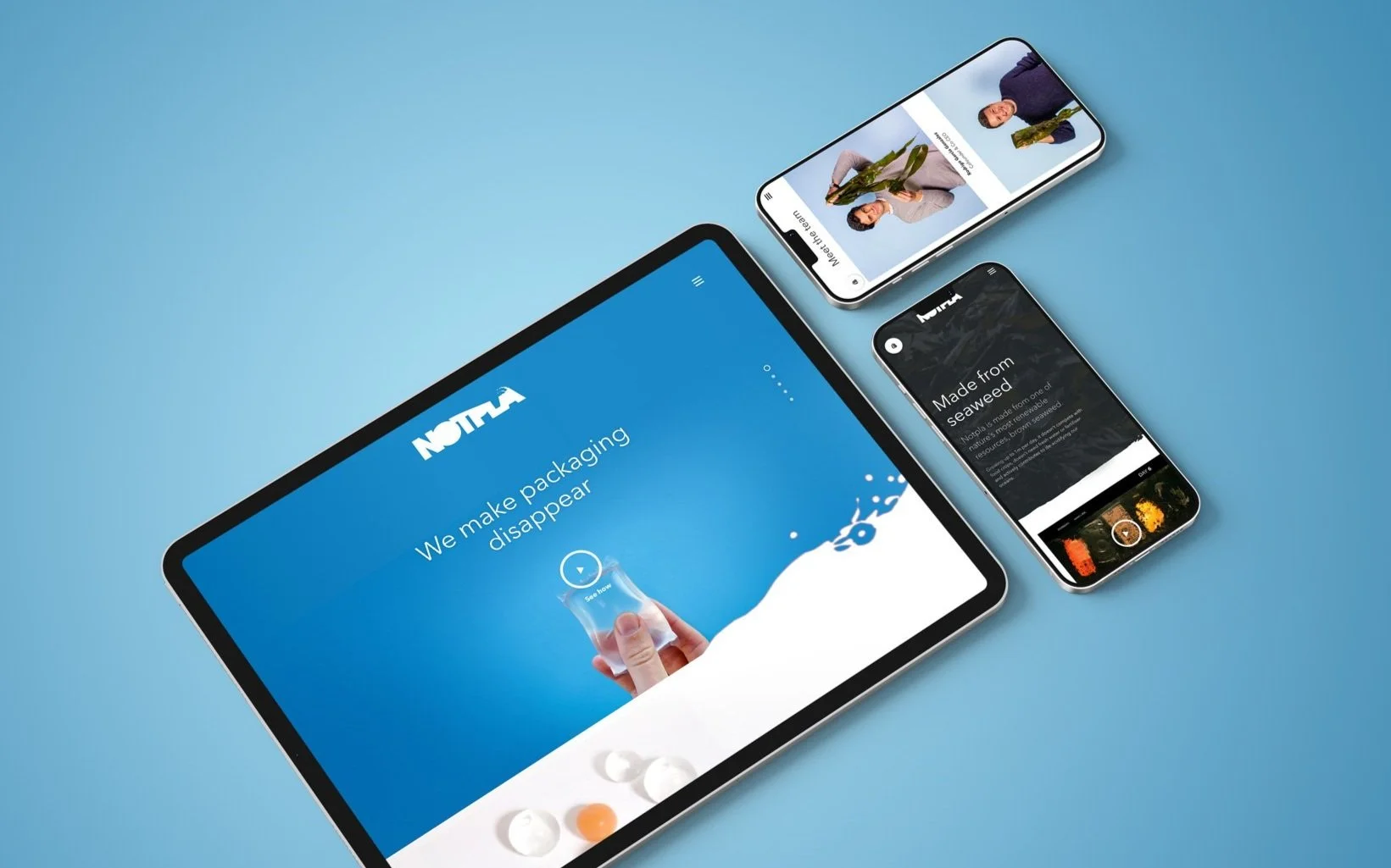 Three devices displaying different webpage screens on a blue background.