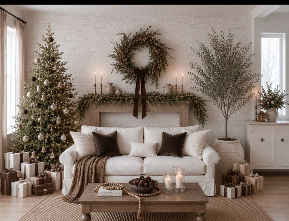 𝑻𝒉𝒆 𝑮𝒓𝒂𝒏𝒅 𝑴𝒂𝒏𝒐𝒓 𝑪𝒉𝒓𝒊𝒔𝒕𝒎𝒂𝒔 

Inspired by the charm of an English country manor, The Grand Manor blends rich evergreens, chocolate velvet, aged wood, and glowing candlelight into a cozy holiday setting. Gather on the sofa. beneath