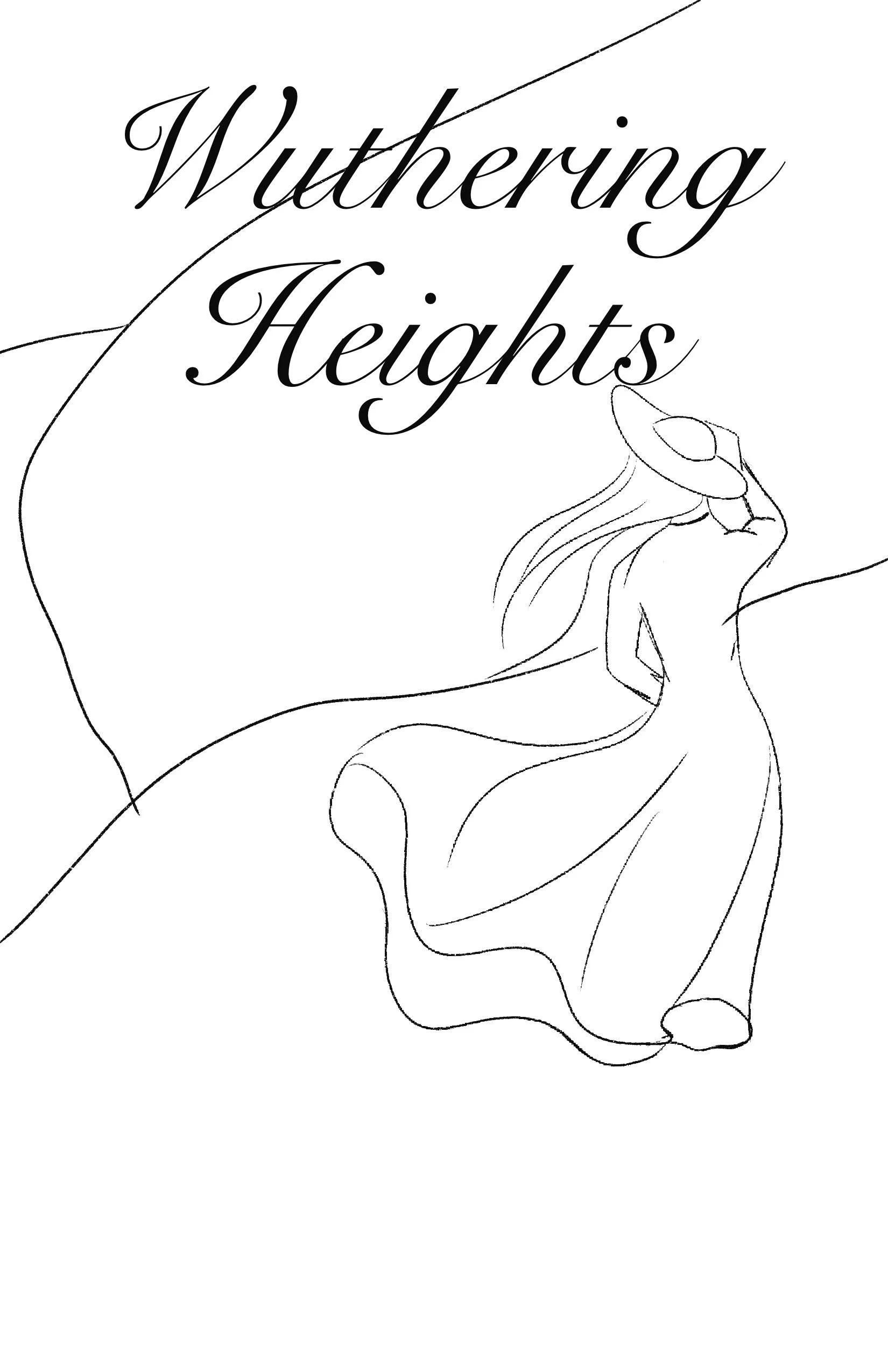 Line drawing of a woman in a flowing dress, standing outdoors with her hand resting on her head. The words "Wuthering Heights" in elegant script are written above her.