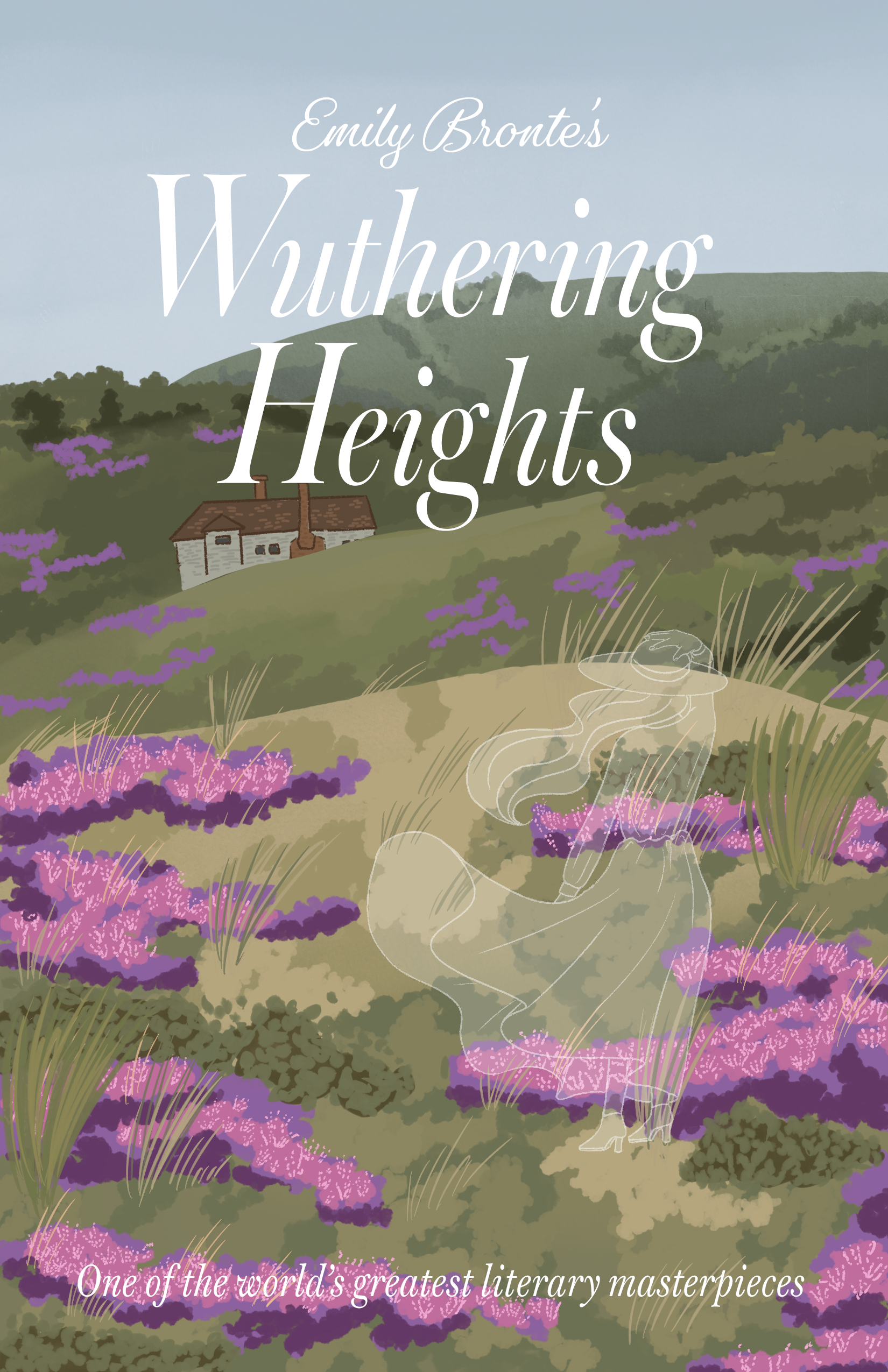 Book cover of 'Wuthering Heights' by Emily Bronte. The illustration depicts a rural landscape with a house and rolling hills, lavender and purple bushes, and an ethereal figure of a woman in a hat sitting among the bushes.