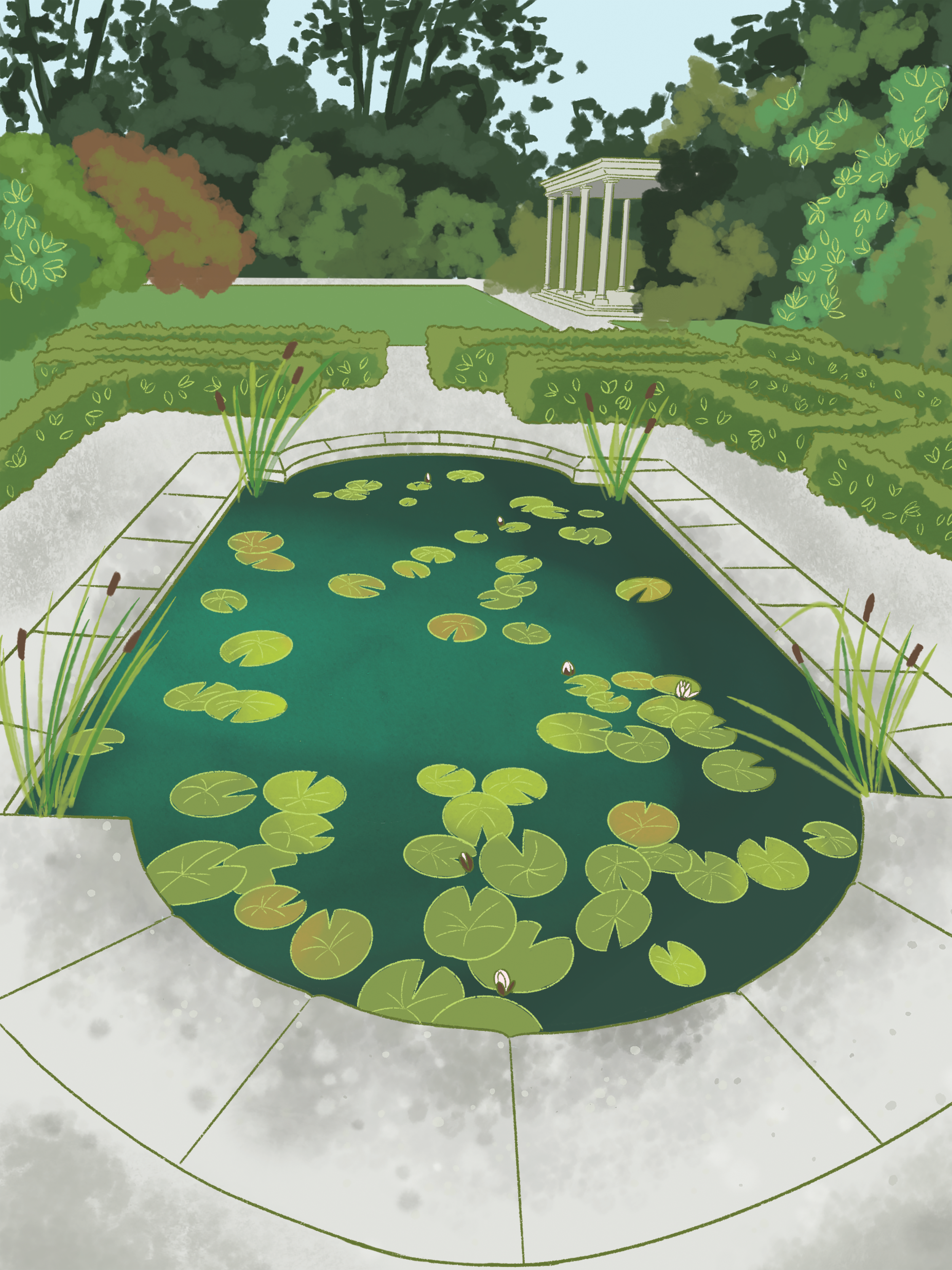 A pond with water lilies surrounded by a paved walkway and landscaped garden with bushes and trees, with a classical white temple in the background.