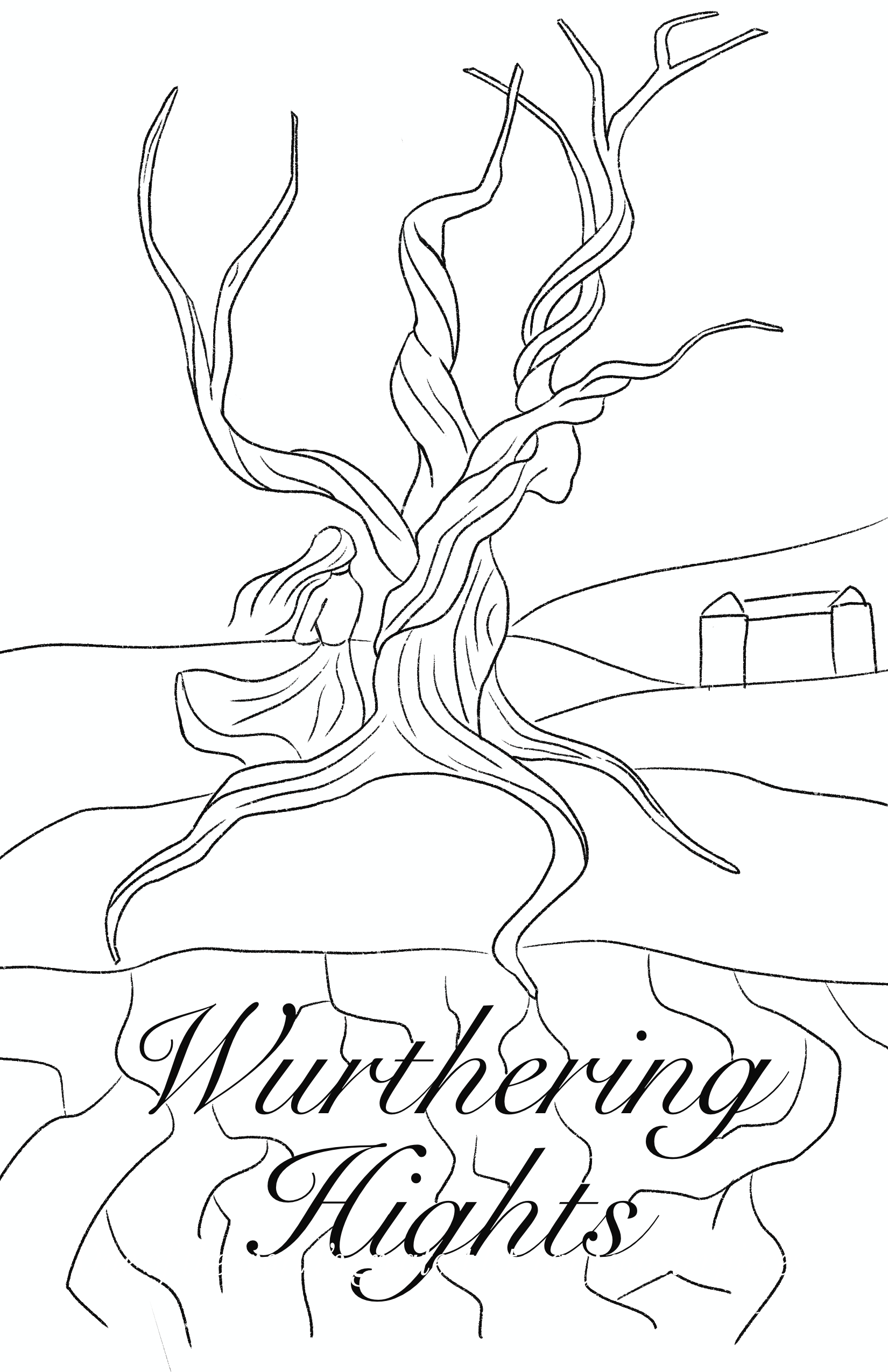 A line drawing of a gnarled, leafless tree with many twisting branches and roots, set in a simple landscape with distant hills and a small fence or structure in the background. The words 'Wuthering Heights' are written in a large, cursive font across the lower part of the image.