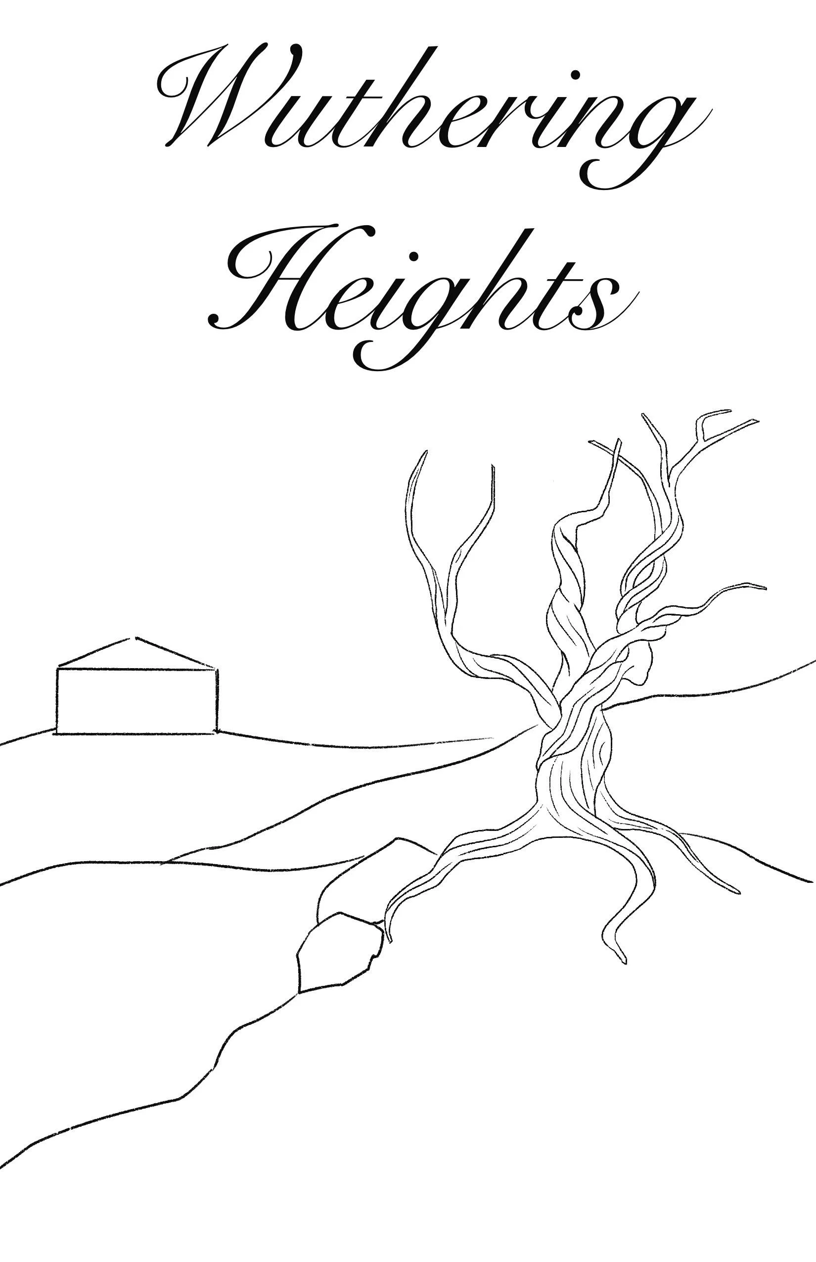 Line drawing of a rocky hillside with a large, twisted, leafless tree and a simple house in the background, with the words 'Wuthering Heights' written at the top.
