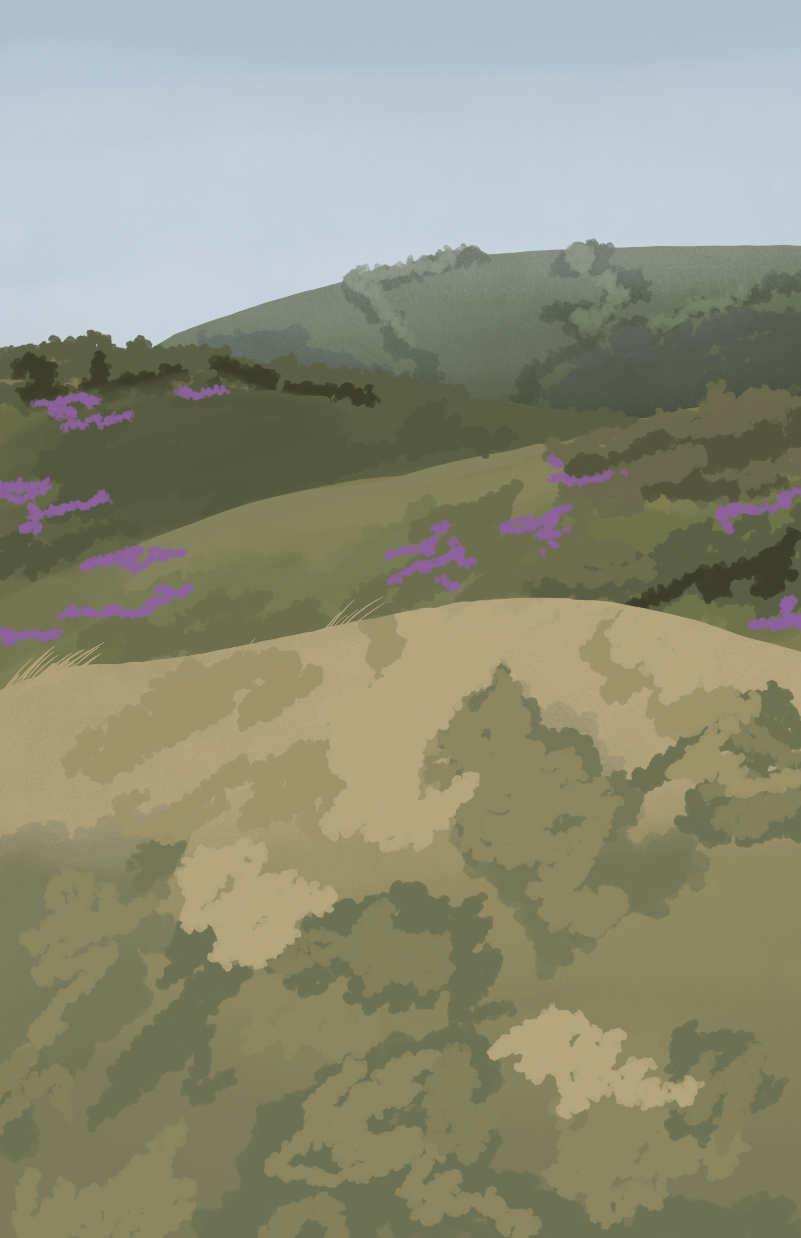 A rural landscape with rolling green hills, covered in bushes and purple flowers, under a clear blue sky.