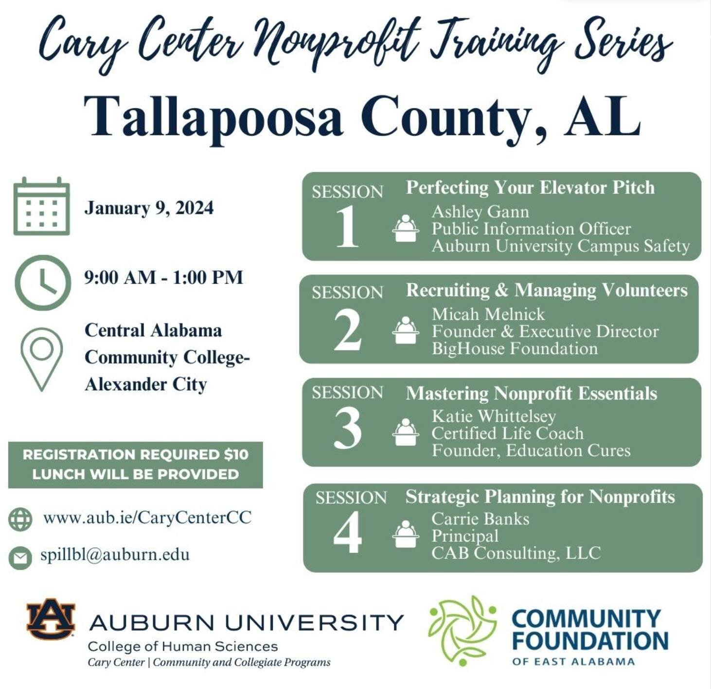 The Community Foundation of East Alabama is excited to partner with the Cary Center to present a &quot;Nonprofit Training Series&quot; in Tallapoosa County on Tuesday, January 9th from 9:00 a.m. to 1:00 p.m. CST at Central Alabama Community College-A