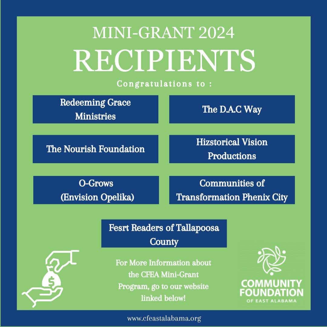 The Community Foundation of East Alabama is excited to announce the awarding of SEVEN mini-grants during the 2024 Mini-Grant cycle! Each of these organizations continue to have a positive impact on our East Alabama community and we at CFEA are excite