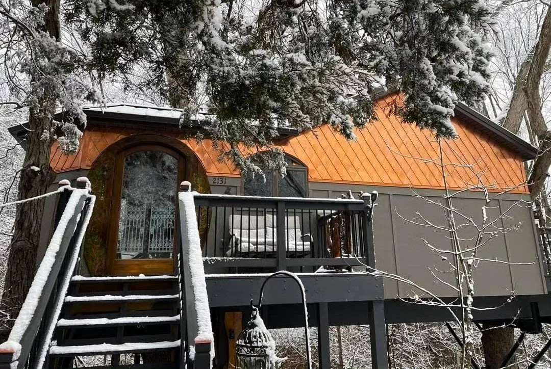 treehouse in the snow view of the front under cedar limb draped in snow