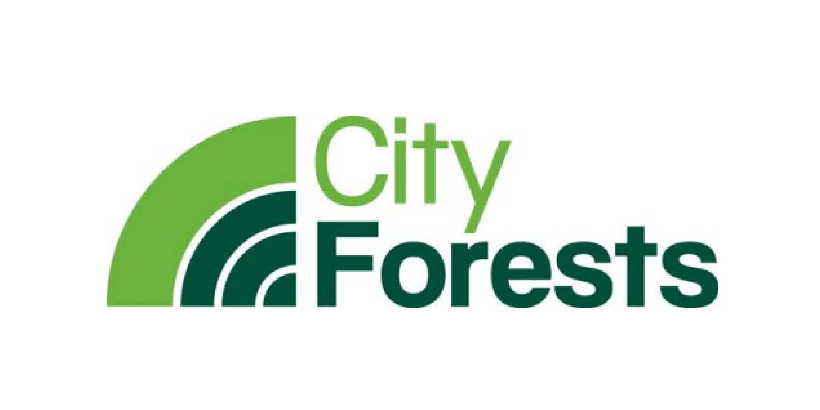 Logo for City Forests featuring green and dark green semicircles and the words 'City Forests' in green text.