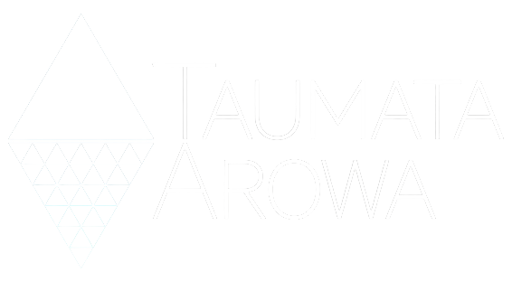 Logo with geometric diamond shape and the text 'TAUMATA AROWAI' and a black vertical line.