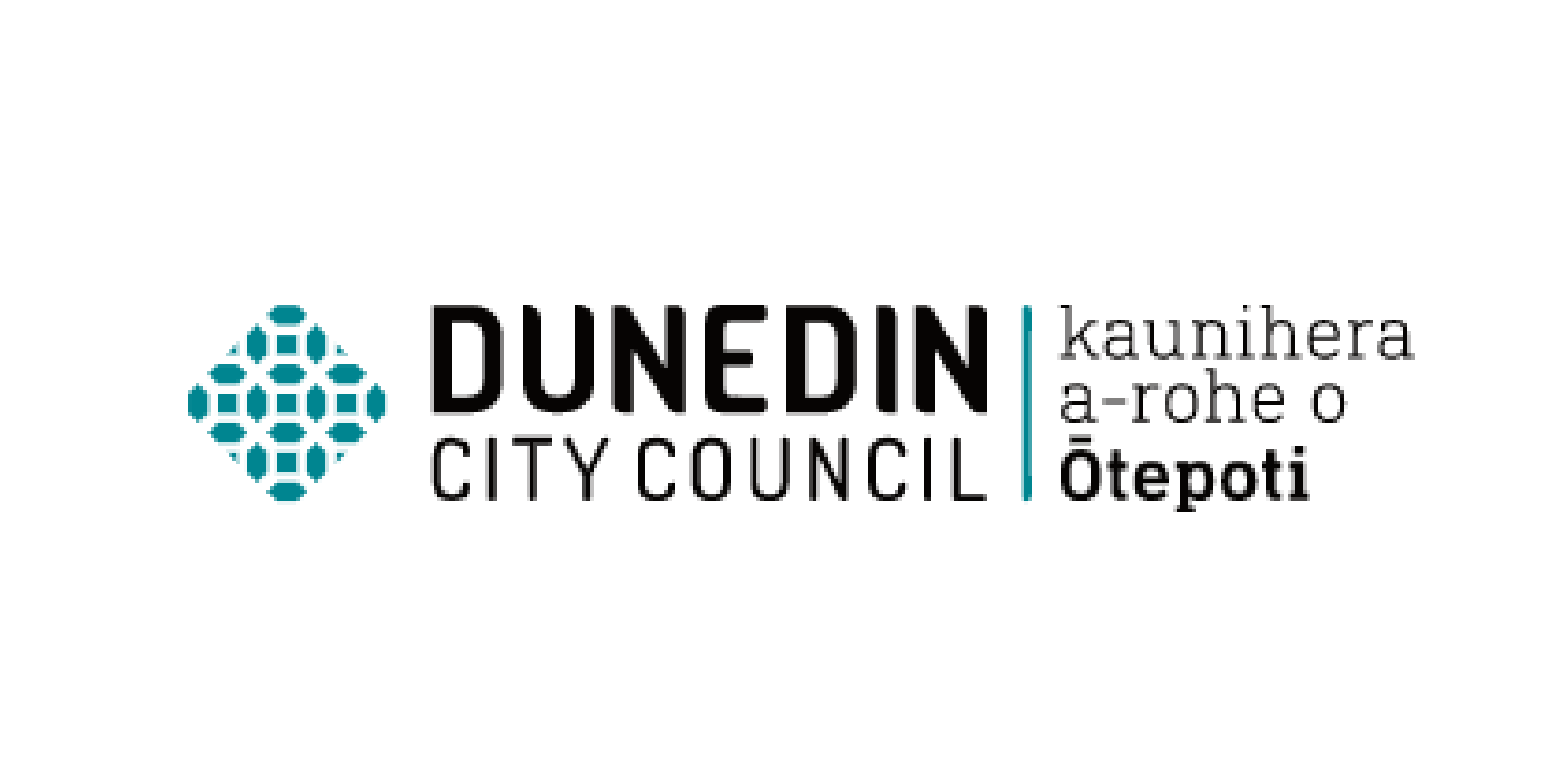 Logo of Dunedin City Council featuring the council's name, bilingual Māori and English text, and a blue patterned emblem.