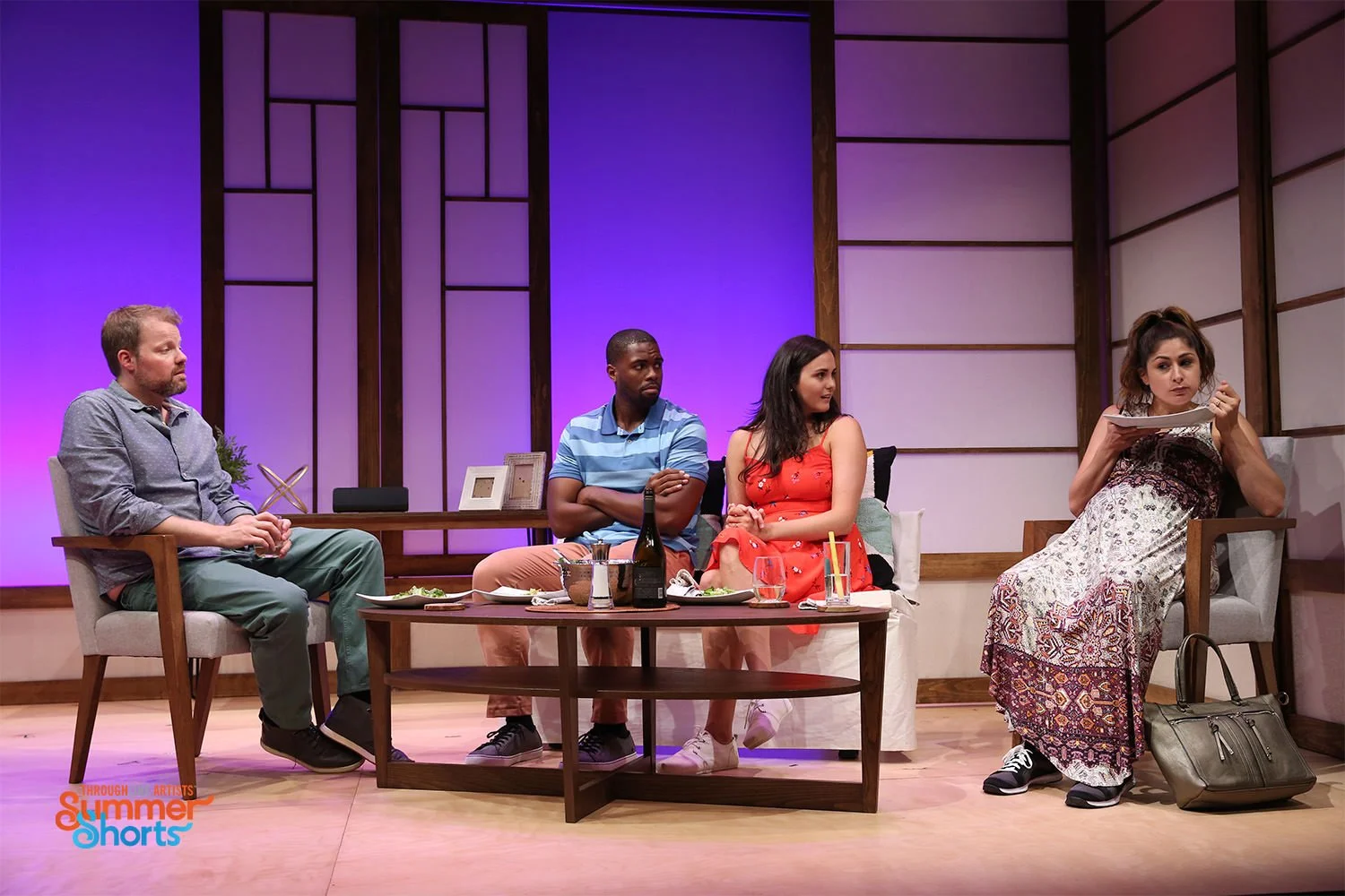  L-R: Andy Powers; Donovan Mitchell; Rachel Napoleon and Georgia Ximenes Lifsher in WEDDING BASH. Photo by Carol Rosegg 