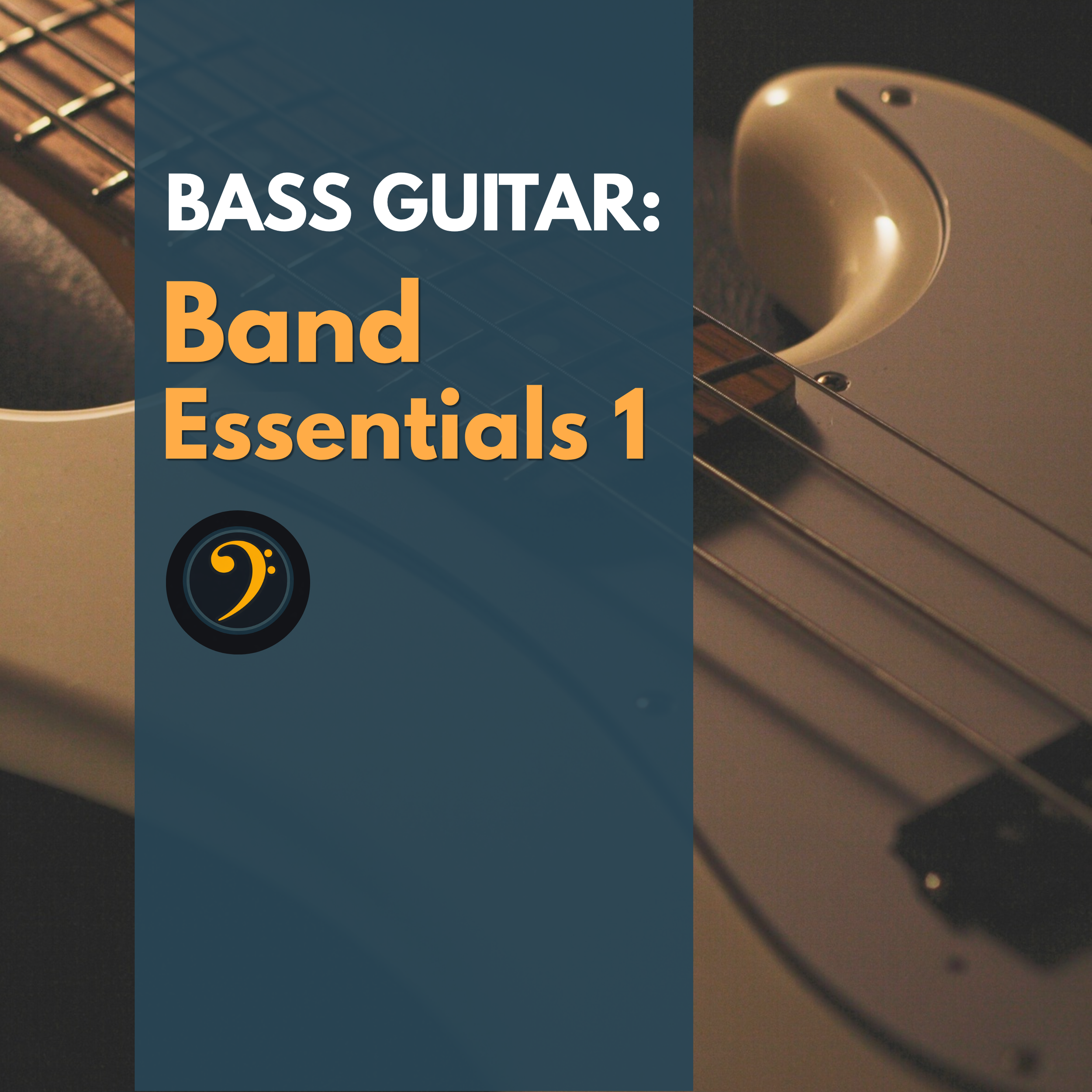 Close-up of an electric bass guitar with a sleek curved body, metallic tuning pegs, and fretboard, placed on a dark surface.