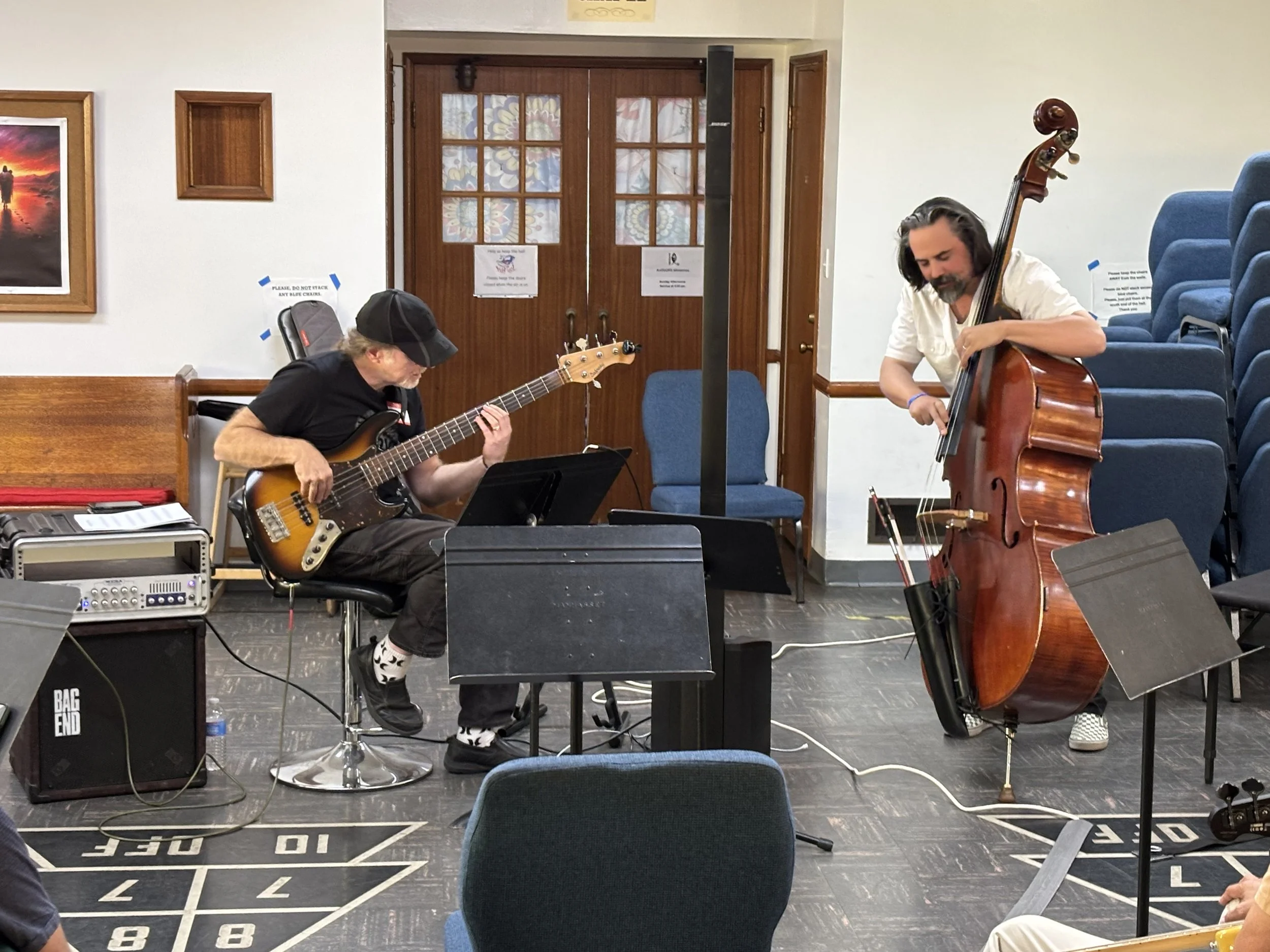 Two musicians playing string instruments, one on electric guitar and the other on upright bass, in a room with blue upholstered chairs and signs on the door.