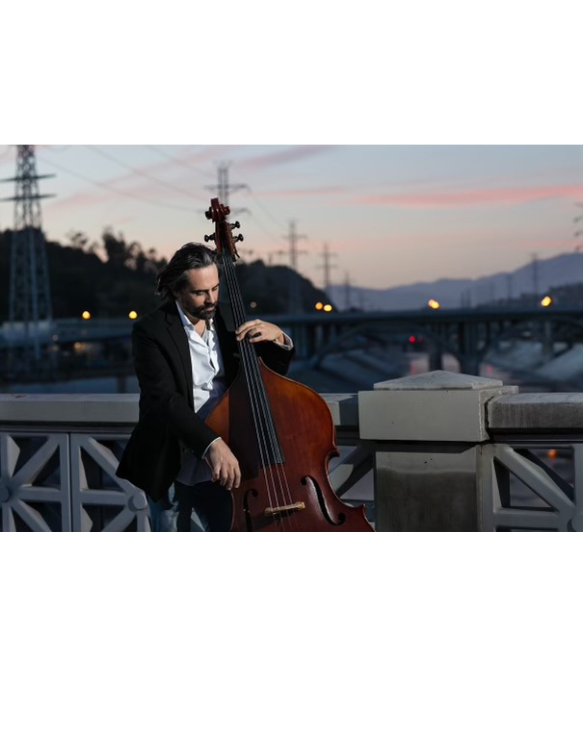 A man with long dark hair and a beard, dressed in a black blazer and white shirt, playing a double bass outdoors during sunset, with power lines and mountains in the background.
