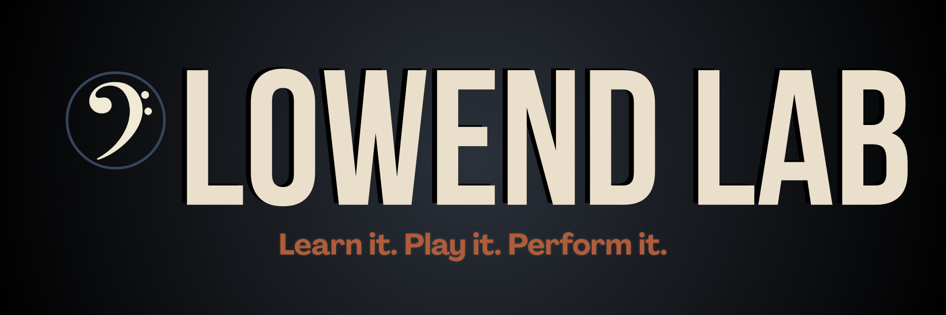 LowEnd Lab logo banner for The Bass Shed Academy, featuring bass clef icon and the tagline “Learn it. Play it. Perform it.” promoting immersive bass education workshops and performance training.