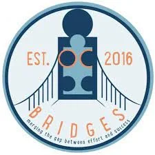 Logo with puzzle piece and bridge illustration, text "Est. 2016 BRIDGES" and "merging the gap between effort and success."
