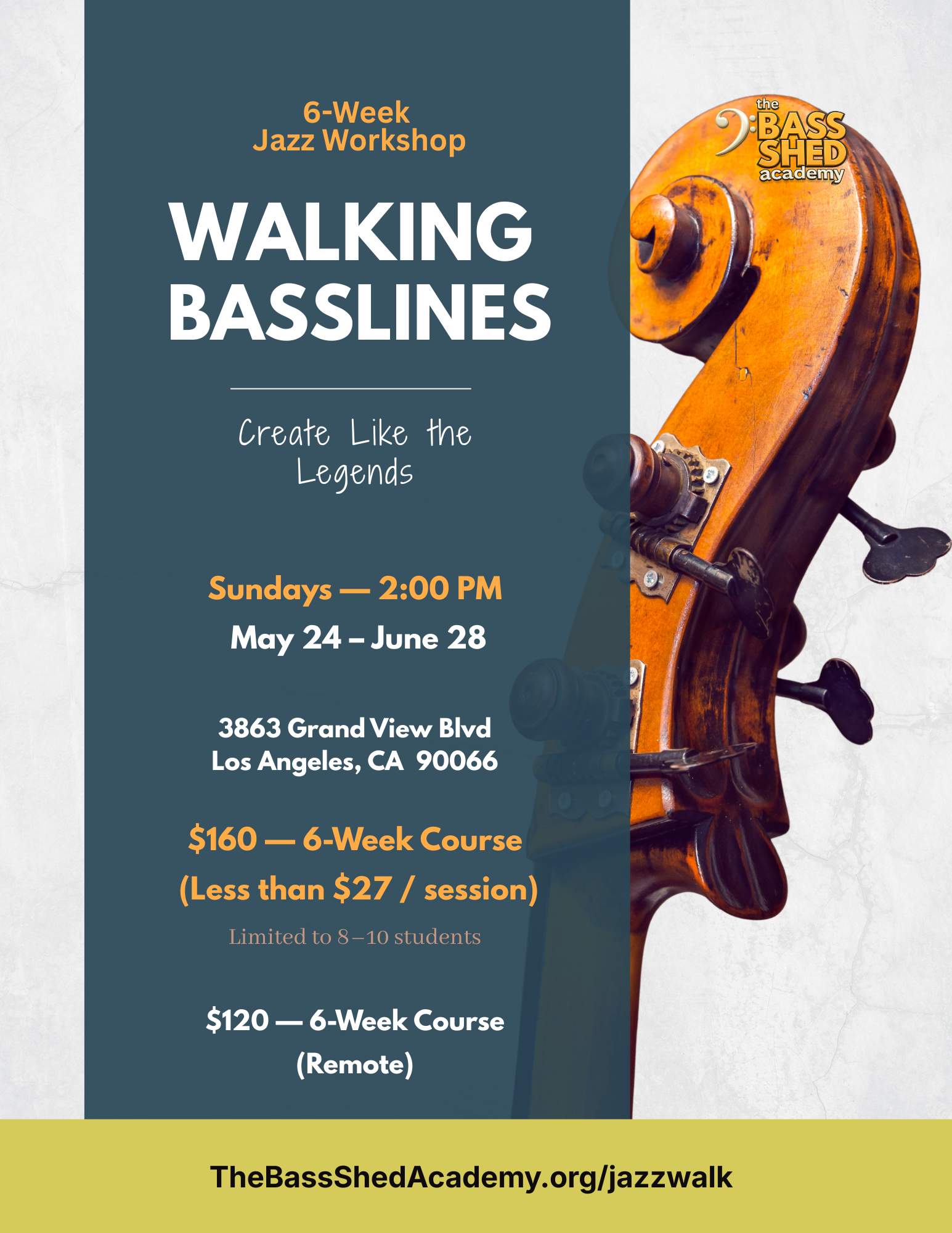 Flyer for a 6-week jazz workshop at The Bass Shed Academy, featuring classes on walking basslines, with session times, prices, and contact details, and an image of a wooden bass guitar headstock.