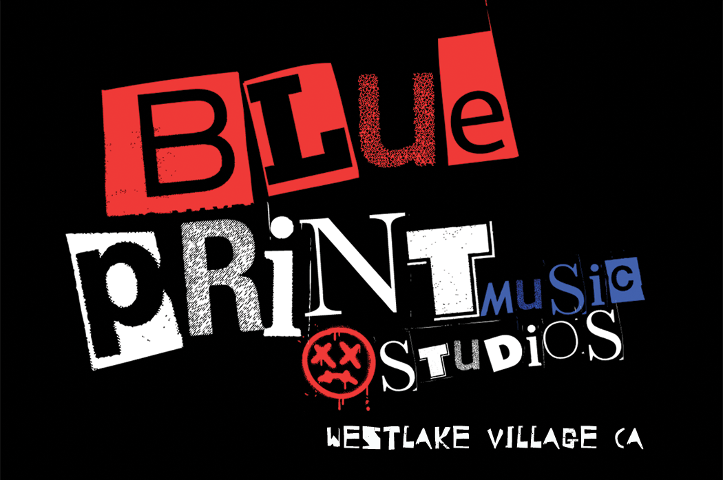 Graphic design for Blue Print Music Studios in Westlake Village, California, featuring stylized text and a graffiti-style face