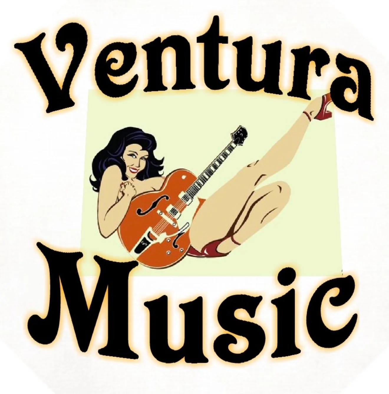 Retro-style graphic of a woman with dark hair holding a guitar, with large text above reading 'Ventura' and below reading 'Music' in a playful font.
