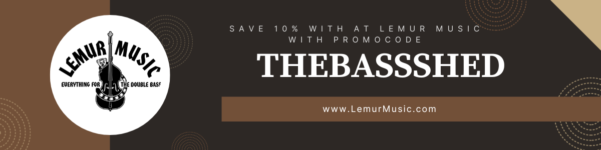 Promotional banner for Lemur Music offering a 10% discount with promo code THEBASSHED, featuring Lemur Music's logo with a double bass and tagline 'Everything for the double bass,' and website URL www.LemurMusic.com.
