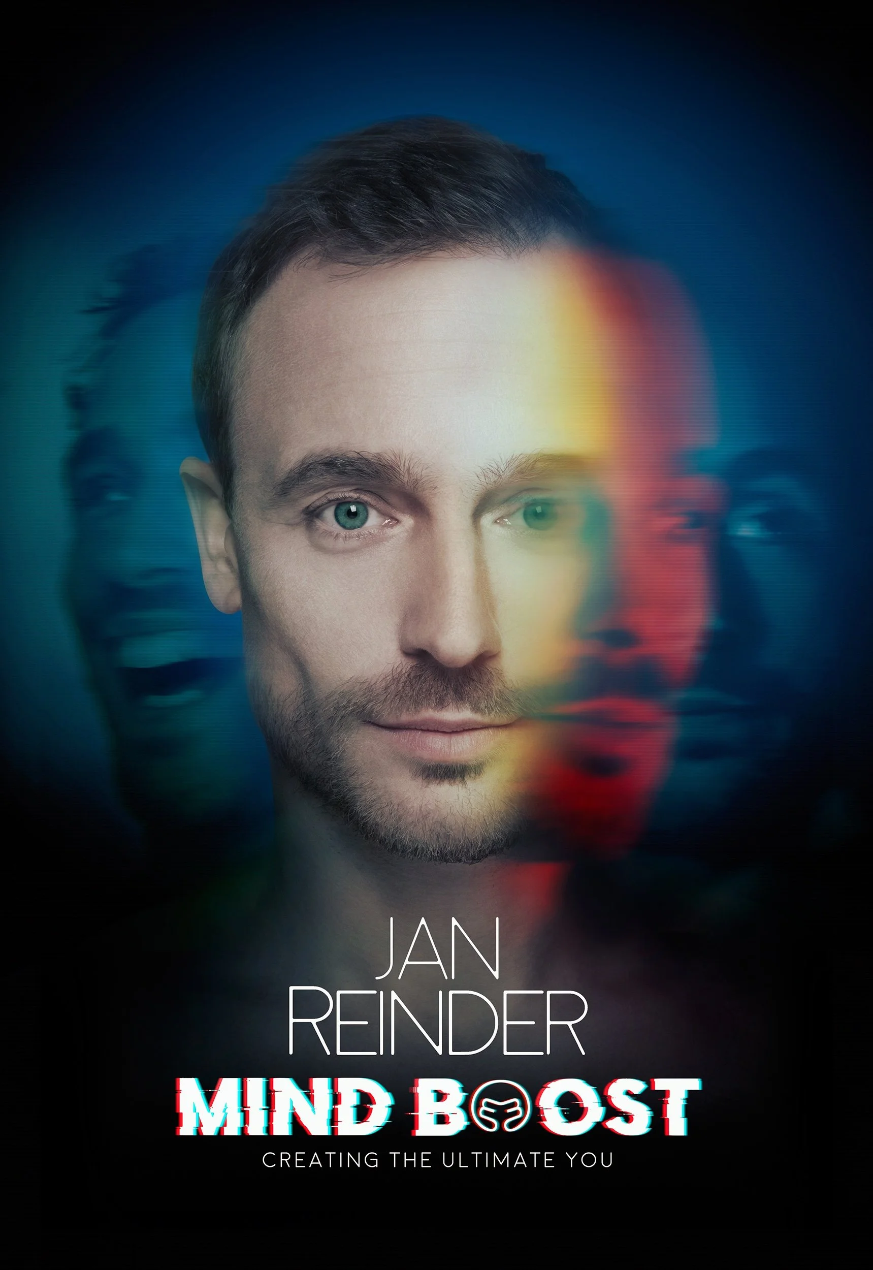Book cover featuring a man's face with digital distortion effects, the title "Mind Boost" in colorful, glitchy text, and the subtitle "Creating the Ultimate You".