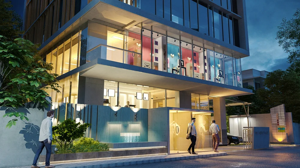 Commercial building architecture at dusk