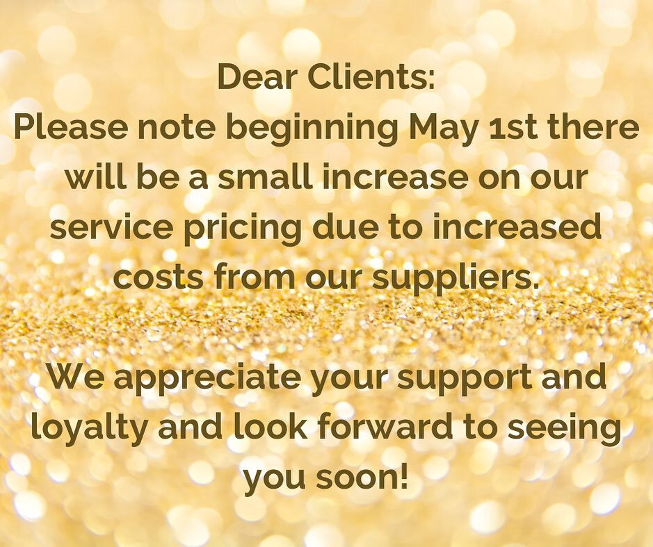 Price Increase 

Please note beginning May 1st thee will be a small increase on our service pricing due to increased costs from our suppliers.
We appreciate your support and loyalty and look forward to seeing you soon!

#weappreciateyou #lasheslashes