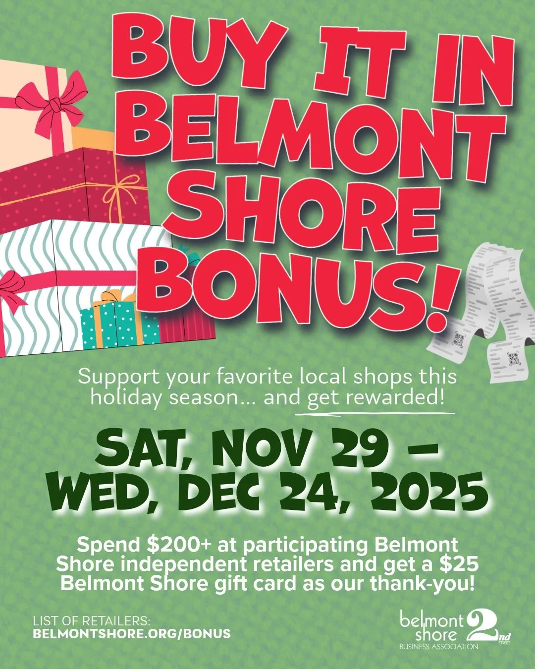 SHOP SMALL THIS HOLIDAY SEASON! #shoptheshore 
We&rsquo;ll give you a gift in return. 

🎁 Buy it in Belmont Shore Bonus!
Support your favorite local shops this holiday season and get rewarded just for shopping small.

🛍️ From Small Business Saturda