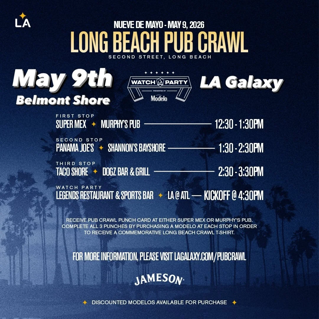 The @lagalaxy Long Beach Pub Crawl is back on 2nd Street for its 3rd year&mdash;and it keeps getting bigger. What started with 5 spots is now up to 7, bringing out hundreds of Galaxy fans for a full day on the Shore.

📍 Saturday, May 9
Make your way