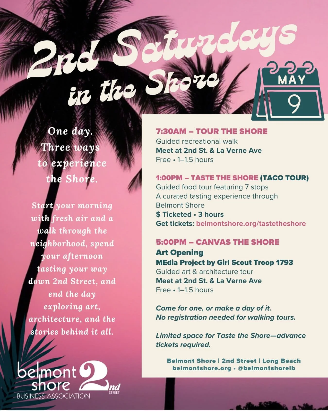 2nd Saturdays in the Shore 🌴
One day. Three ways to experience 2nd Street.

7:30AM &ndash; Tour the Shore
Meet at 2nd &amp; La Verne
Start your day with a walk through the neighborhood&mdash;fresh air, a little history, and an easy way to ease into 