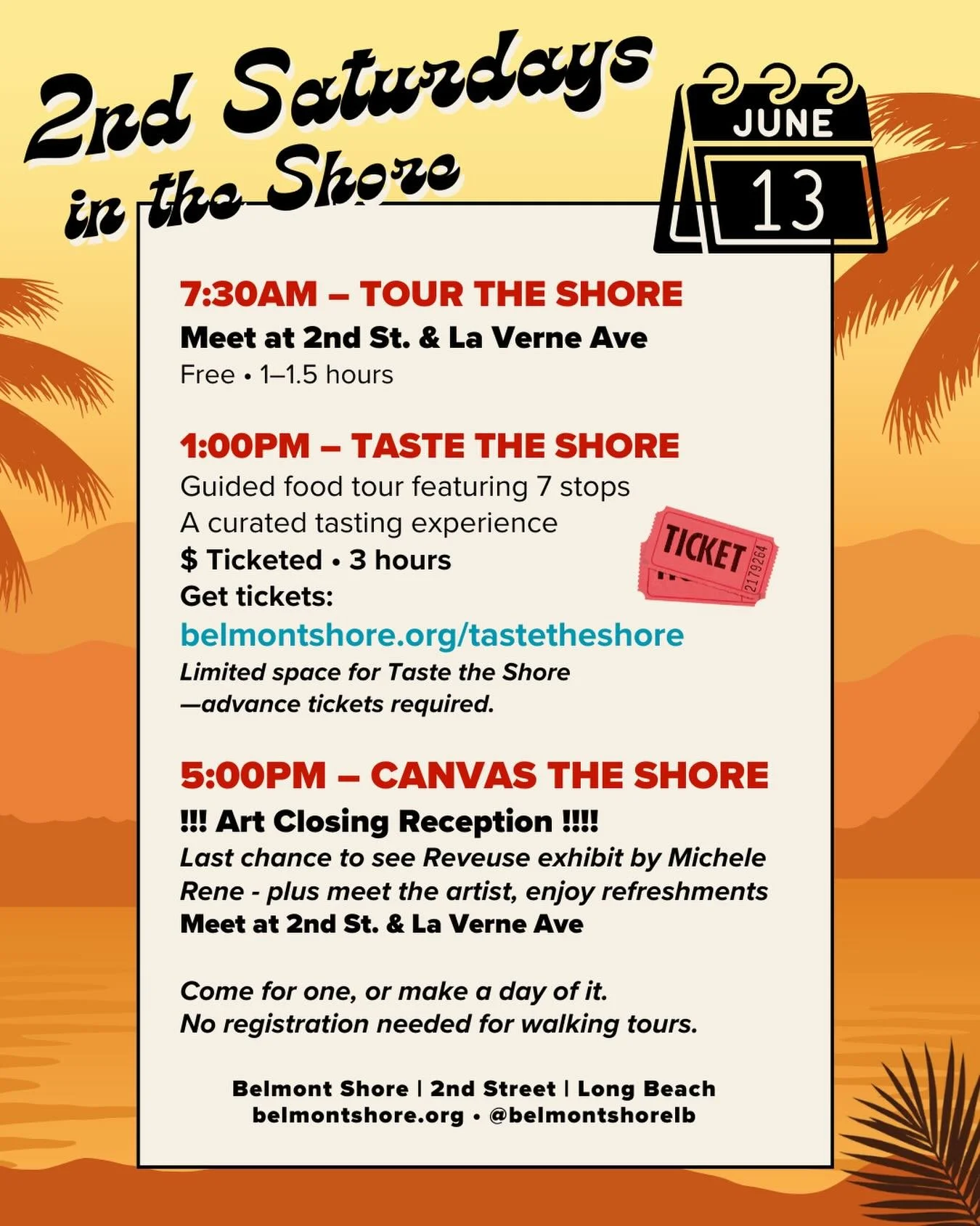 Second Saturdays are back! 🌴

Spend the day exploring Belmont Shore with walking tours, great food, local art, and community connections.

🚶&zwj;♀️ 7:30 AM &ndash; TOUR THE SHORE
Meet at 2nd St. &amp; La Verne Ave
Free &bull; 1&ndash;1.5 hour
