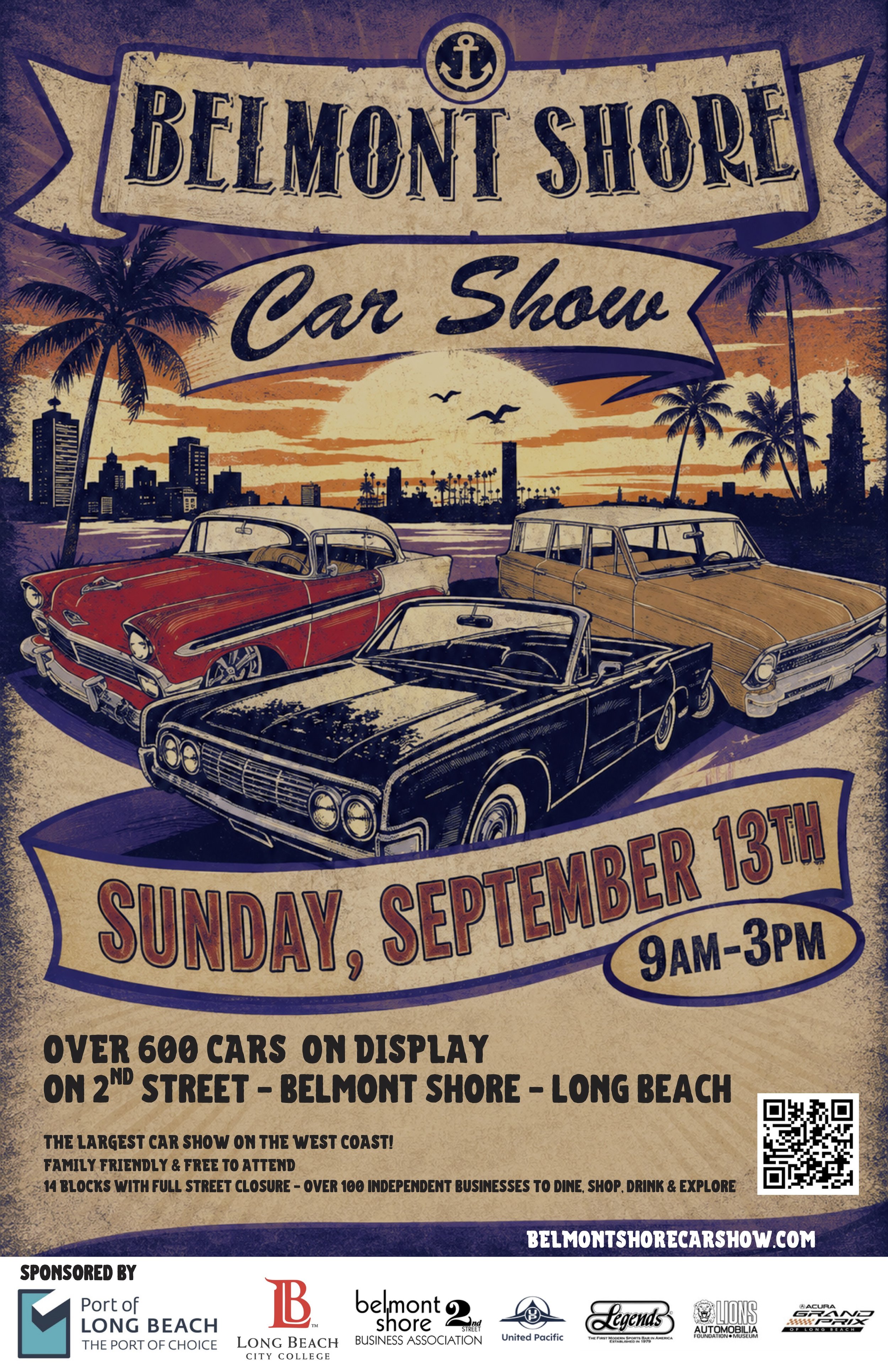Official 2026 Belmont Shore Car Show poster featuring three classic cars, the Long Beach skyline, palm trees, and event information