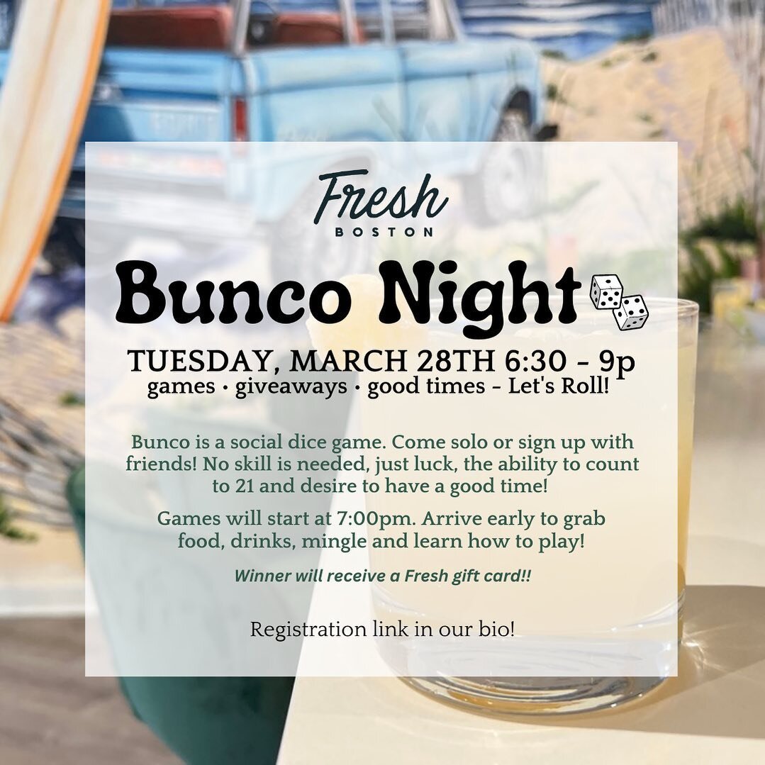 Boston, Let&rsquo;s Bunco 🎲

Join us tomorrow night for our first Bunco tournament! No skill needed&hellip;just luck, the ability to count to 21, and desire to have a good time 🪩🍻

Games will start at 7. Arrive early to grab dinner and drinks. Win