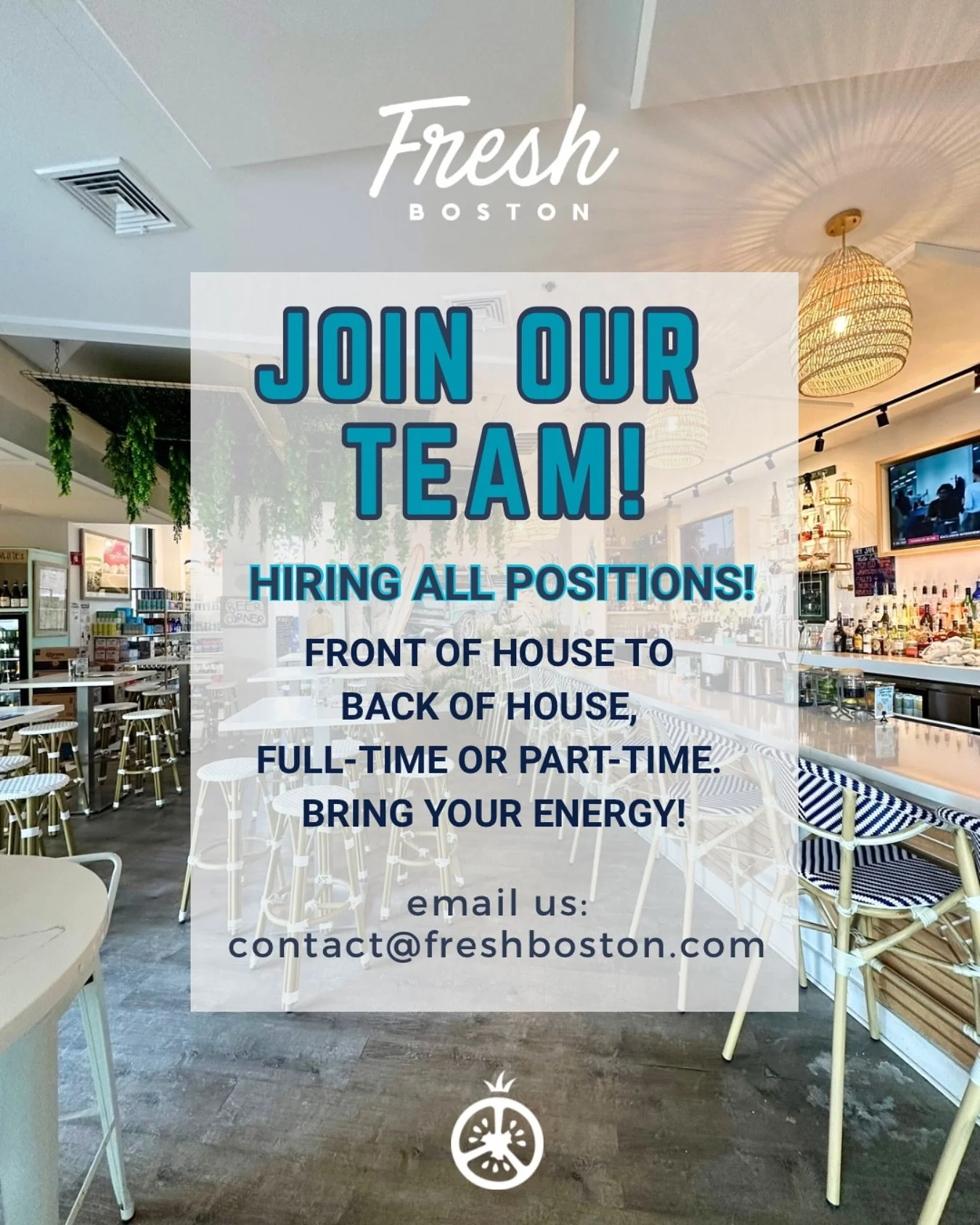 Now Hiring ALL Positions! 🍴🙌 Front of House to Back of House, full-time or part-time. Bring YOUR energy to our team! ⚡️ DM us or email contact@freshboston.com to join the Fresh Boston crew! #Hiring #JoinOurTeam&rdquo;
