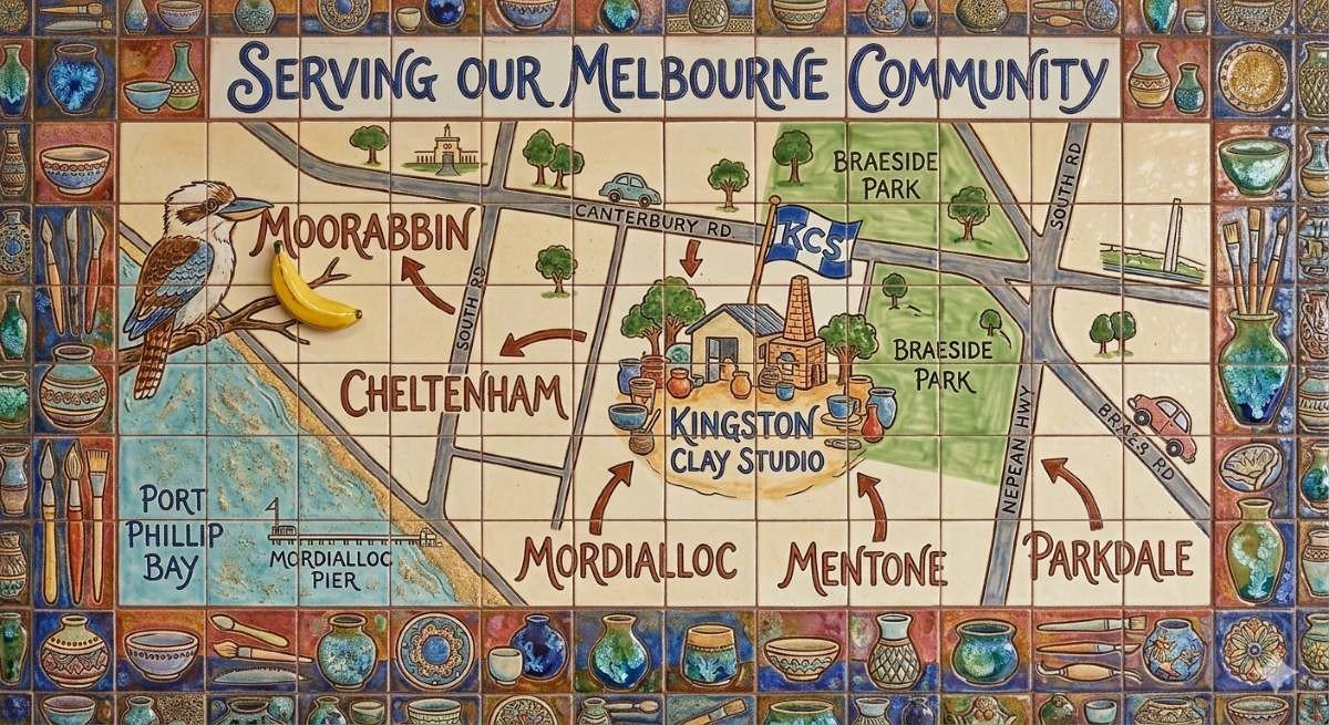 Illustrated map of Kingston Clay Studio in Braeside, showing easy access for pottery students in Moorabbin, Cheltenham, and Bayside Melbourne.
