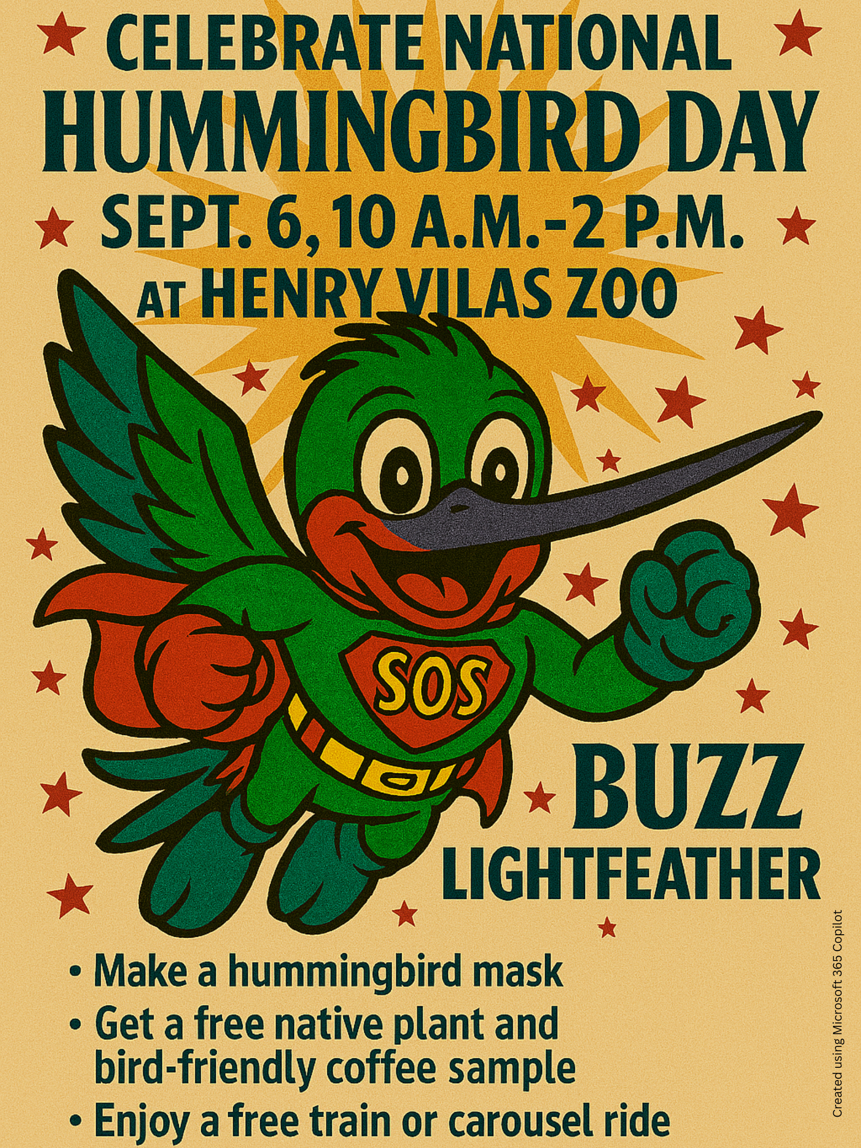 Wisconsin’s smallest superhero of the sky zips into Henry Vilas Zoo Sept. 6 for National Hummingbird Day