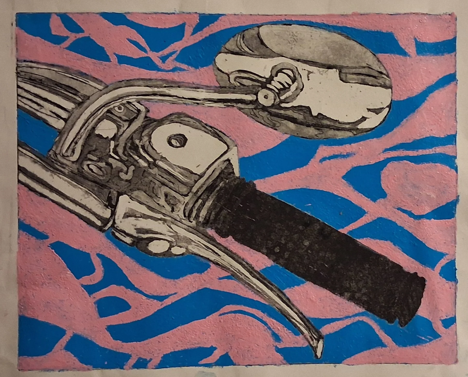 Motorcycle Cat's Eye Mirror     etching, aquatint and reduction linoprint