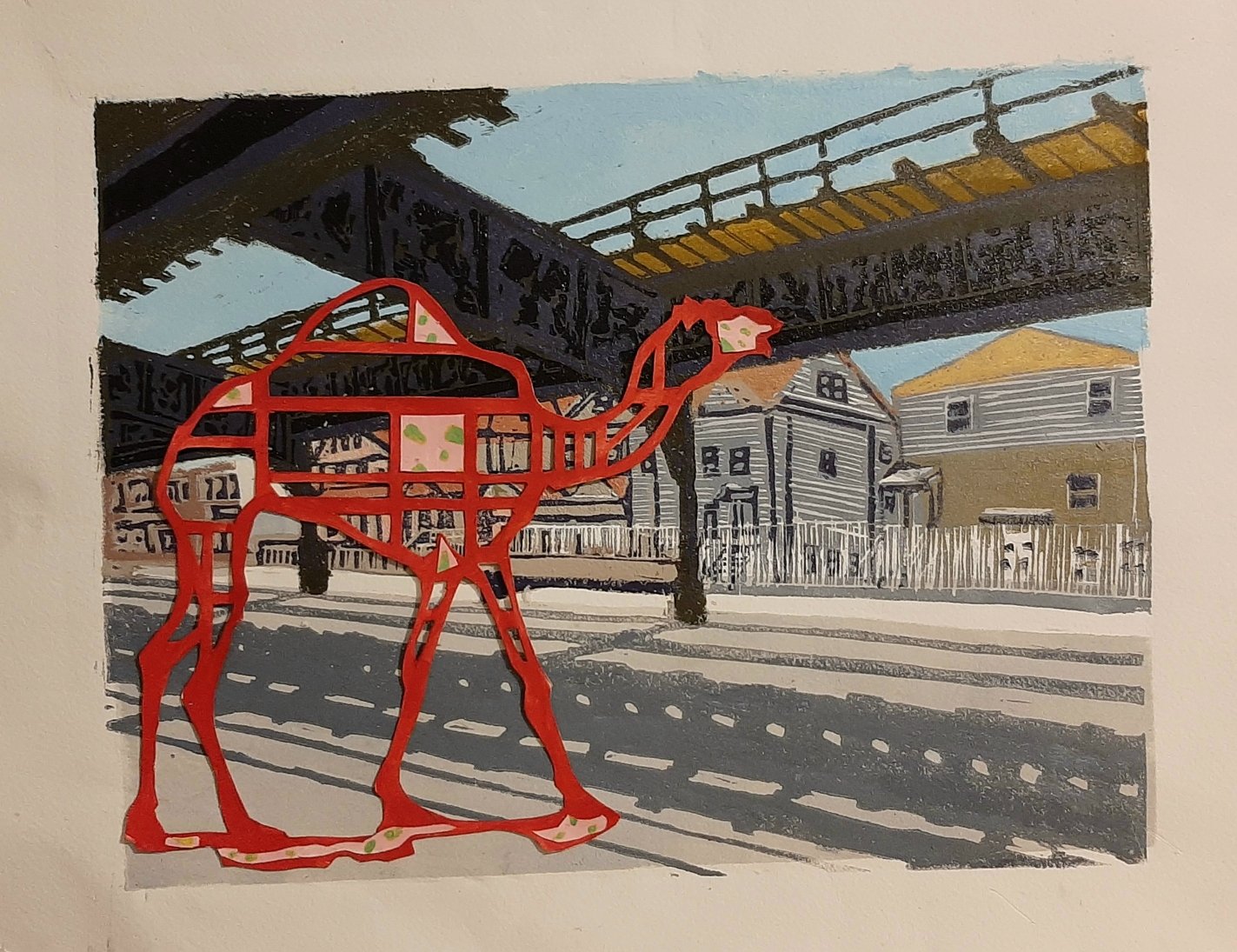 The El and a Camel, reduction linoprint and collage