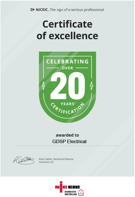 Certificate of excellence awarded to GDSP Electrical, celebrating over 20 years, signed by Paul Collins, Technical Director of Certsure LLP, with NICEIC and NAPIT logos at the bottom.