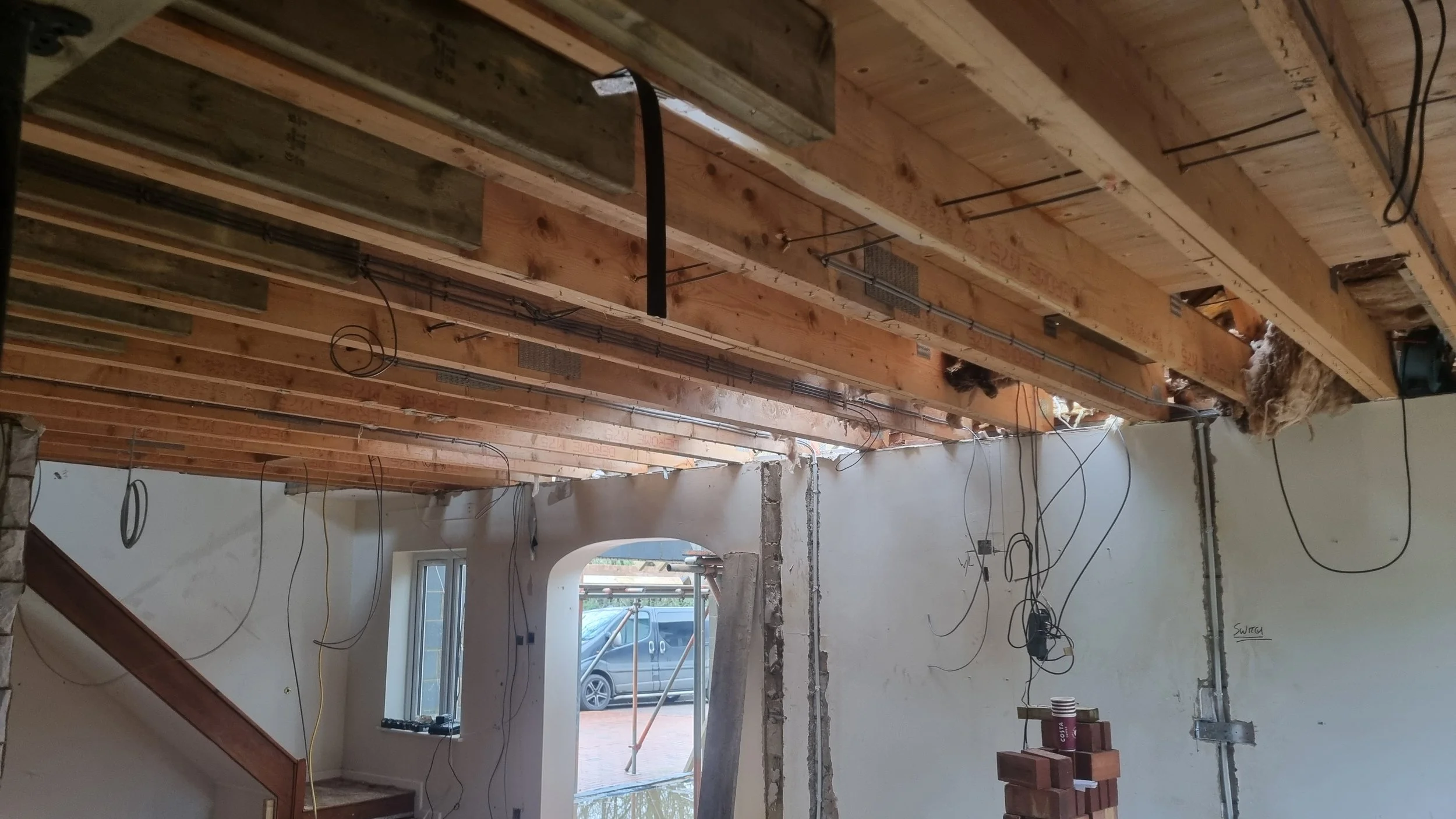 House rewiring with electrical cables installed through ceiling