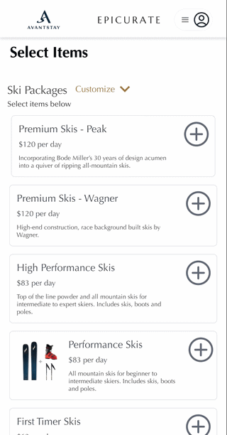 Mobile PDP slide-in — Ski Butler package option selection