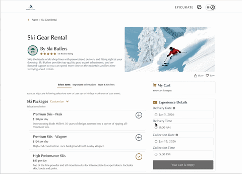 Desktop PDP modal — Ski Butler package option selection