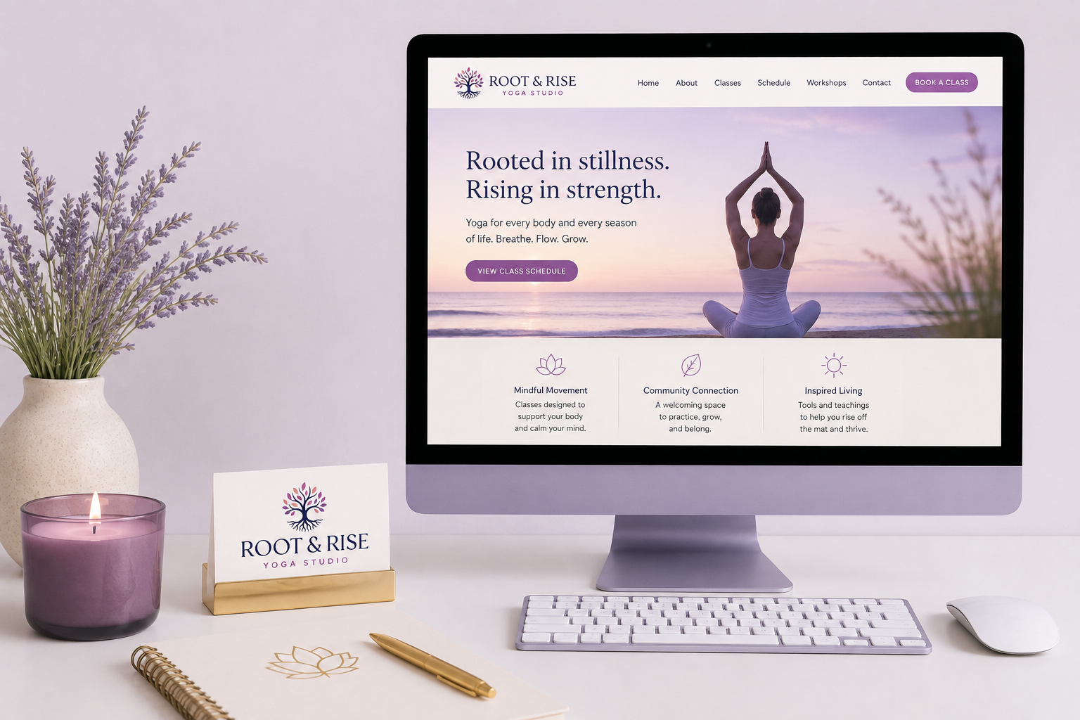 Root and Rise desktop scene and website display