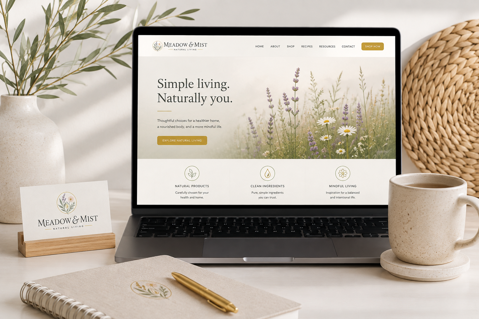 Meadow & Mist Natural Workspace Website Mockup